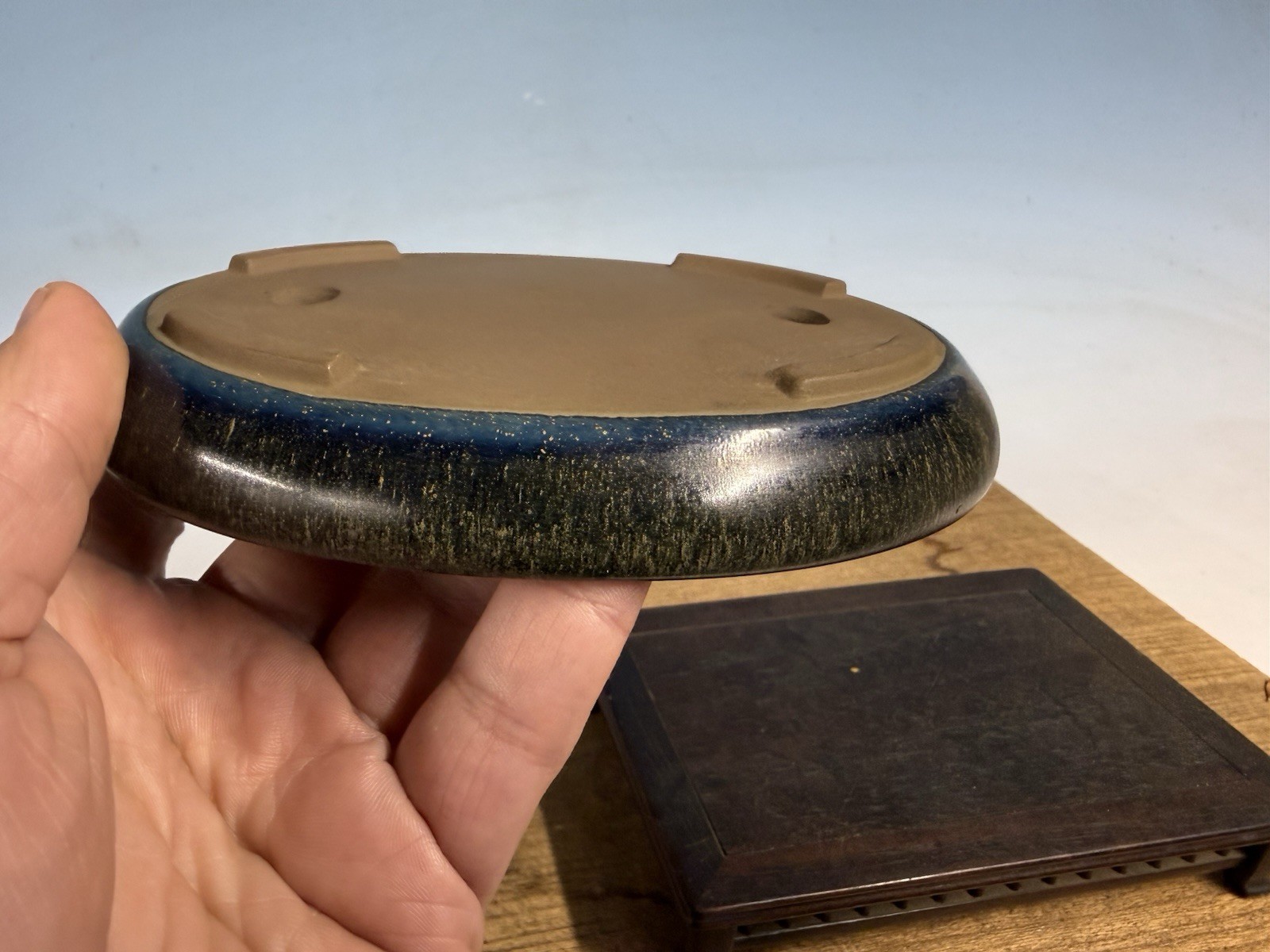 Japanese Unknown Maker Shohin Bonsai Tree Pot 6 1/8” Beautiful Blue Glaze