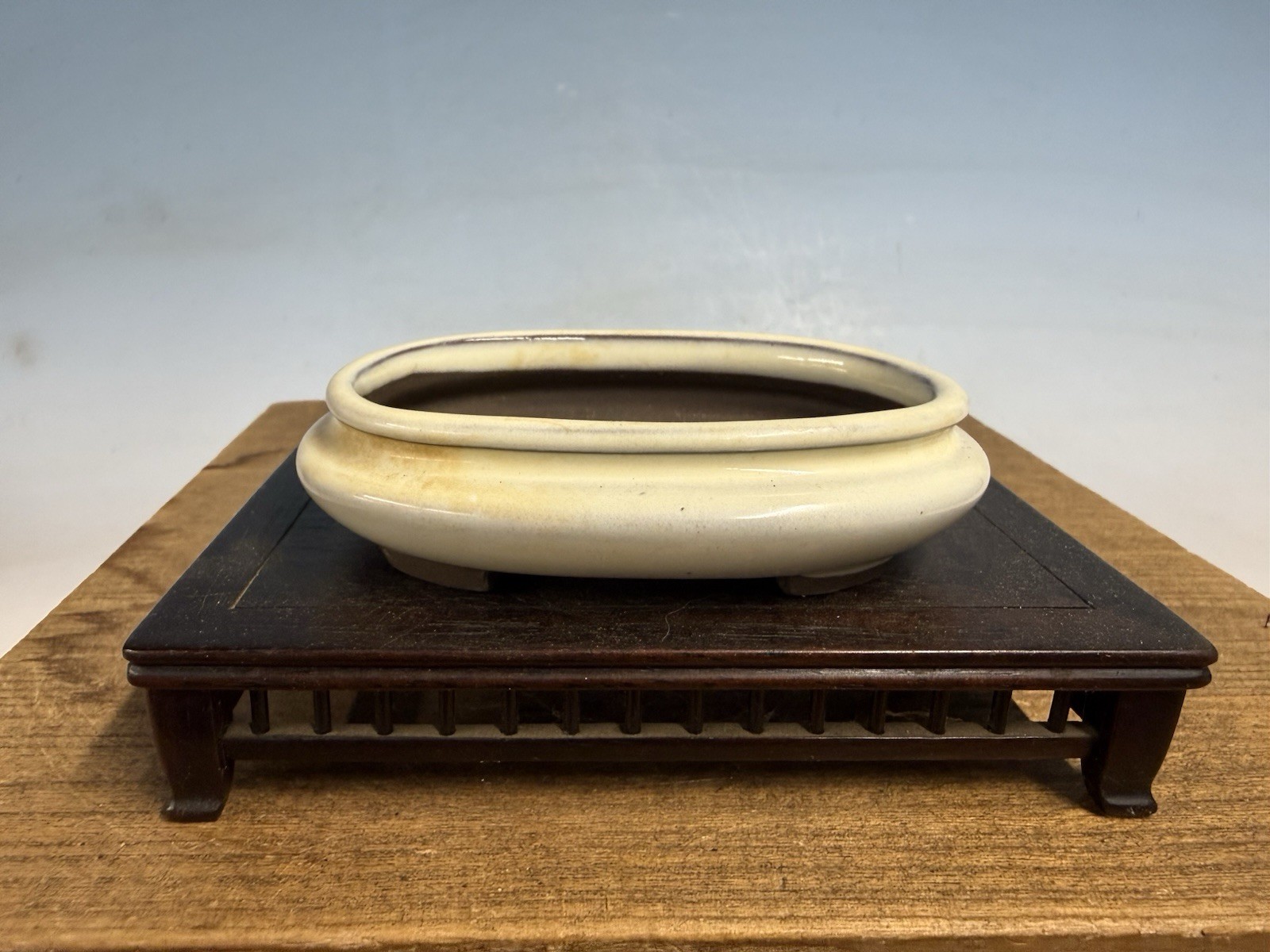 Japanese Unknown Maker Shohin Bonsai Tree Pot 4 1/8” Cream Bag Style