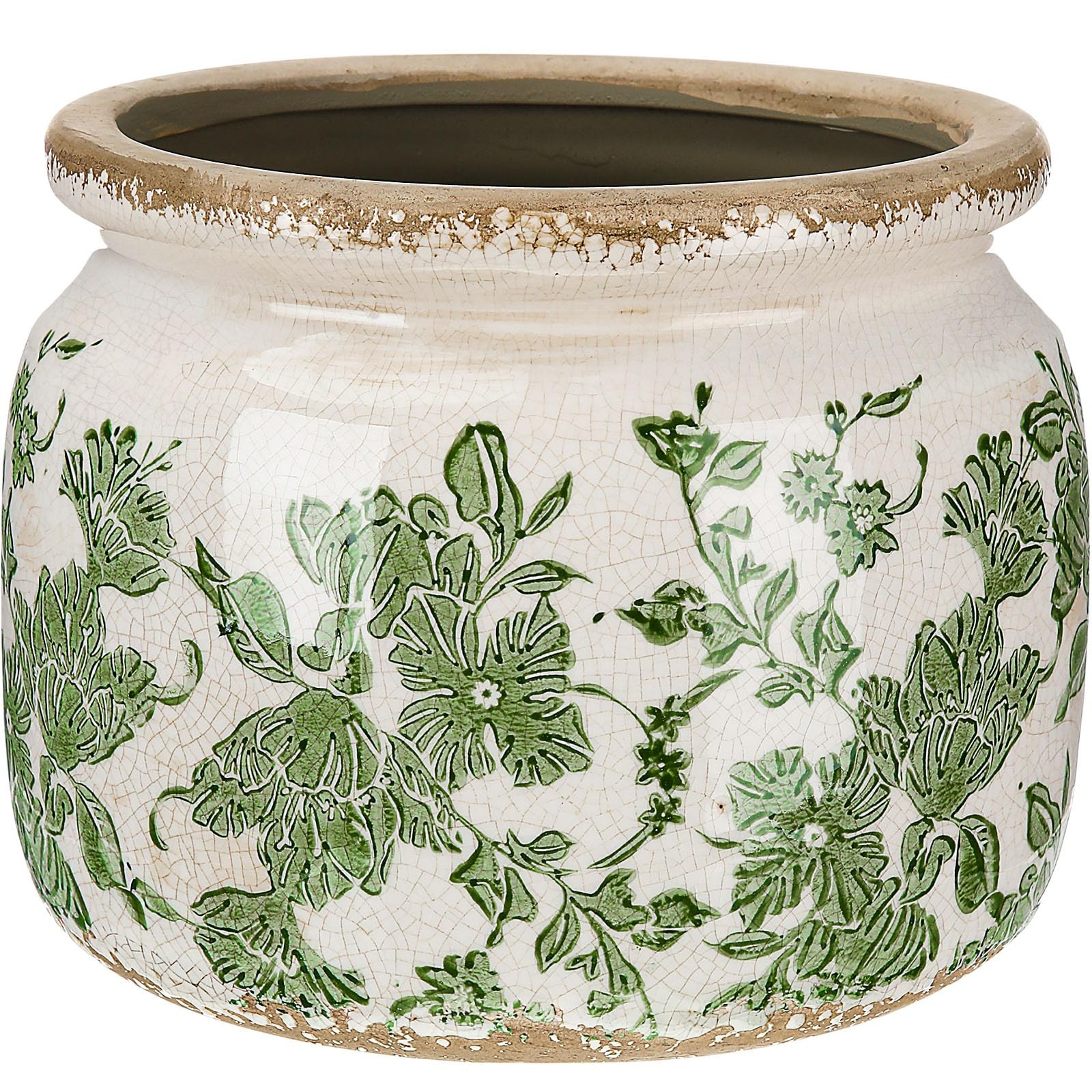 Ninehaoou 7.7″ Large Ceramic Plant Pot Beige Green Vintage Floral Crackle Glaze
