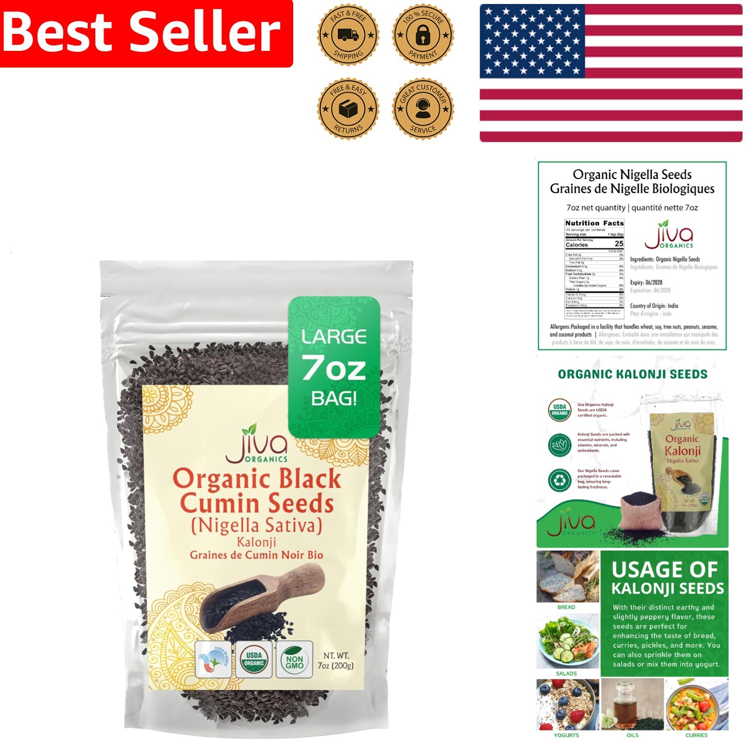 Organic Nigella Seeds Jiva 7oz Pure Black Seed Kalonji Sproutable Fresh