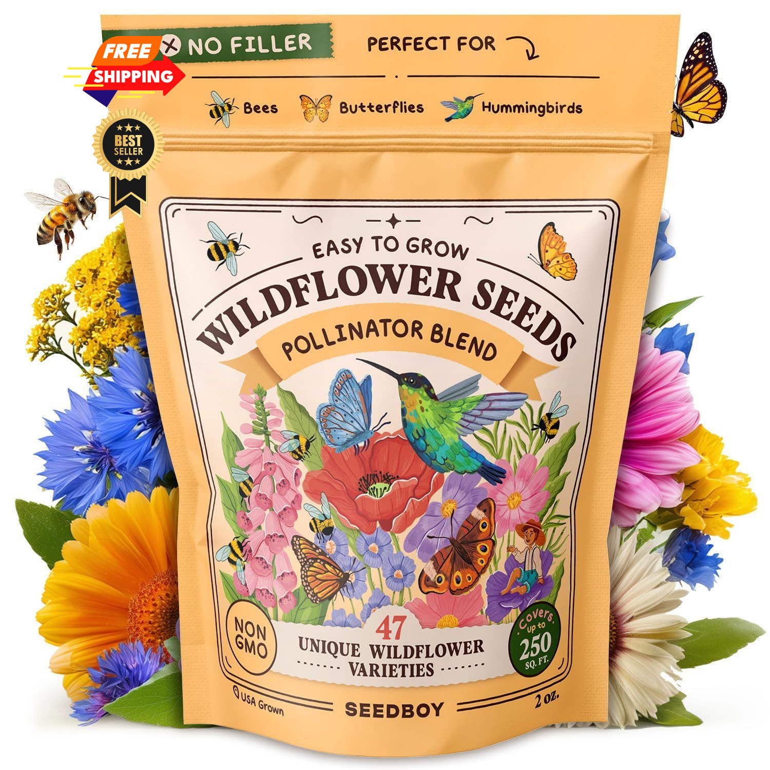 Seedboy Wildflowers for Pollinators Seed Mix – 2 oz Bulk 2 oz, Green