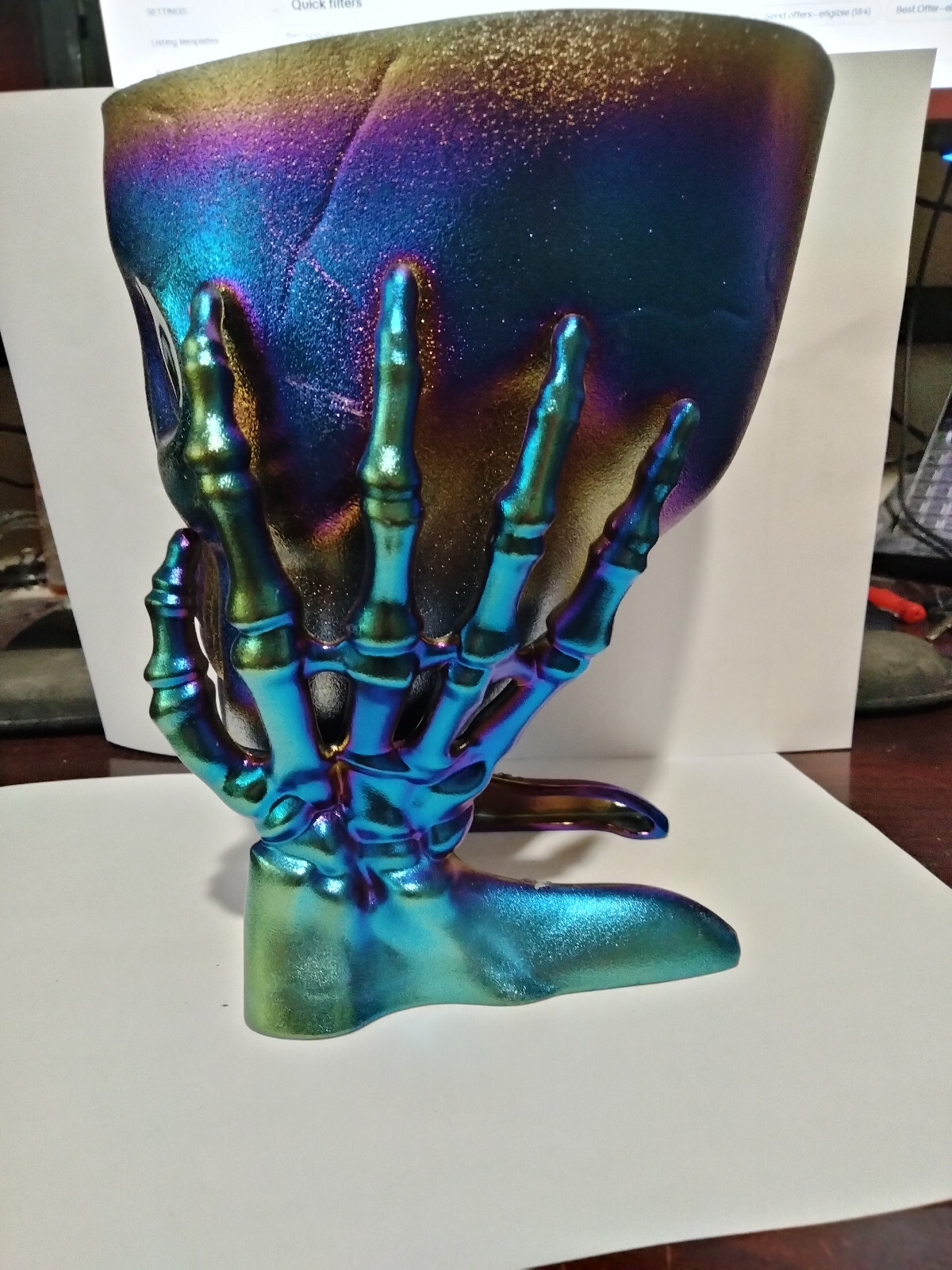 SKULL PLANTER PURPLE, GOLD, BLUE, GREEN, YELLOW HUED PRISM. 6X6X7 APPROX- NEW #3