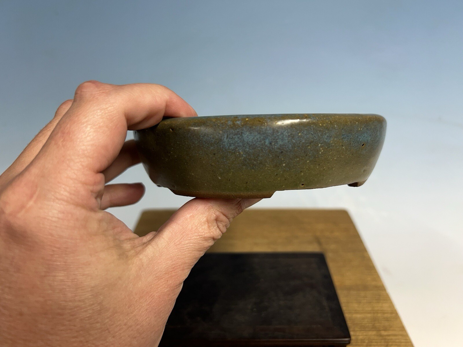 Green Blue Glazed Shohin Size Tokoname Bonsai Tree Pot Yozan 5 5/8” Great Patina