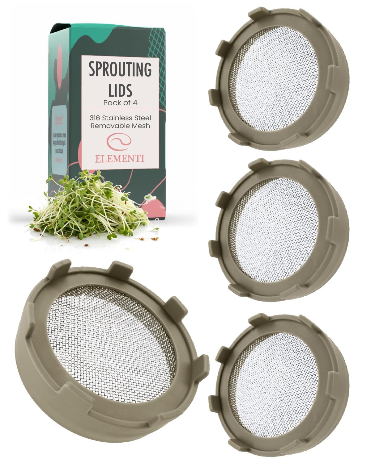 Elementi Sprouting Lids for Wide Mouth Mason Jars, Mushroom