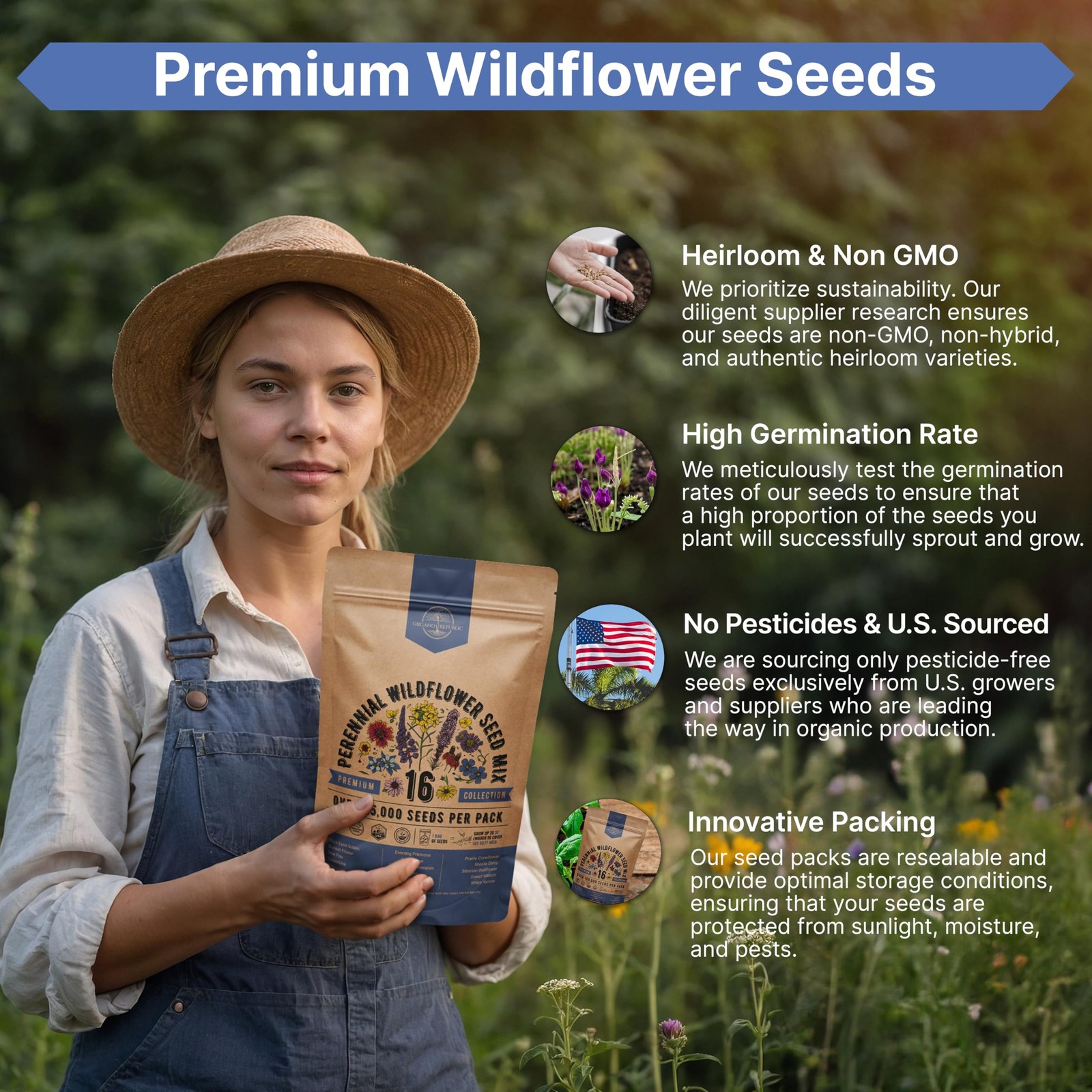 Organo Republic 16 Perennial Wildflower Seeds Mix for Indoor & Outdoors 25,000+