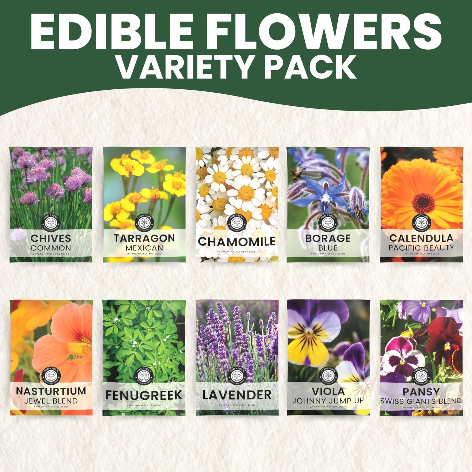 Edible Flower Seeds | 10 Individual Packs | 2026 Season | Non-GMO |…