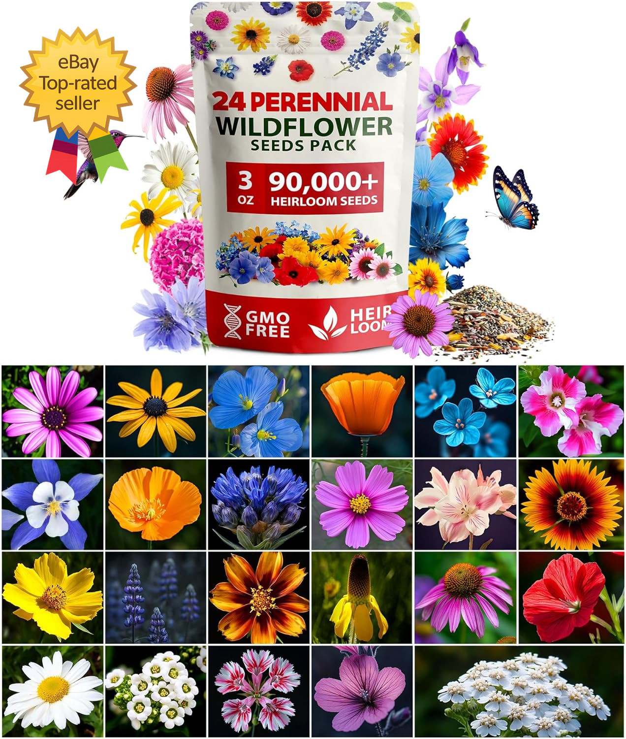 90,000+ Wildflower Seeds Mix 3Oz 24 Varieties Non Gmo Perennial Flower Seeds