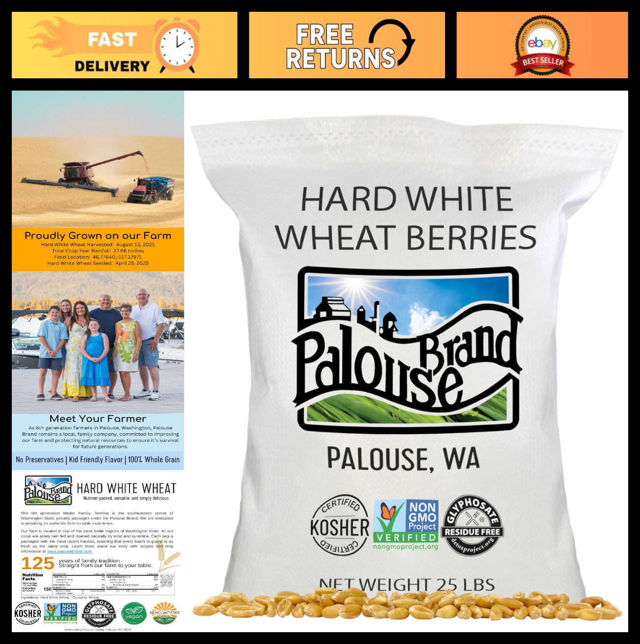 Certified Glyphosate-Free Hard White Wheat Berries | 25 LBS | Non-GMO, Kosher, S