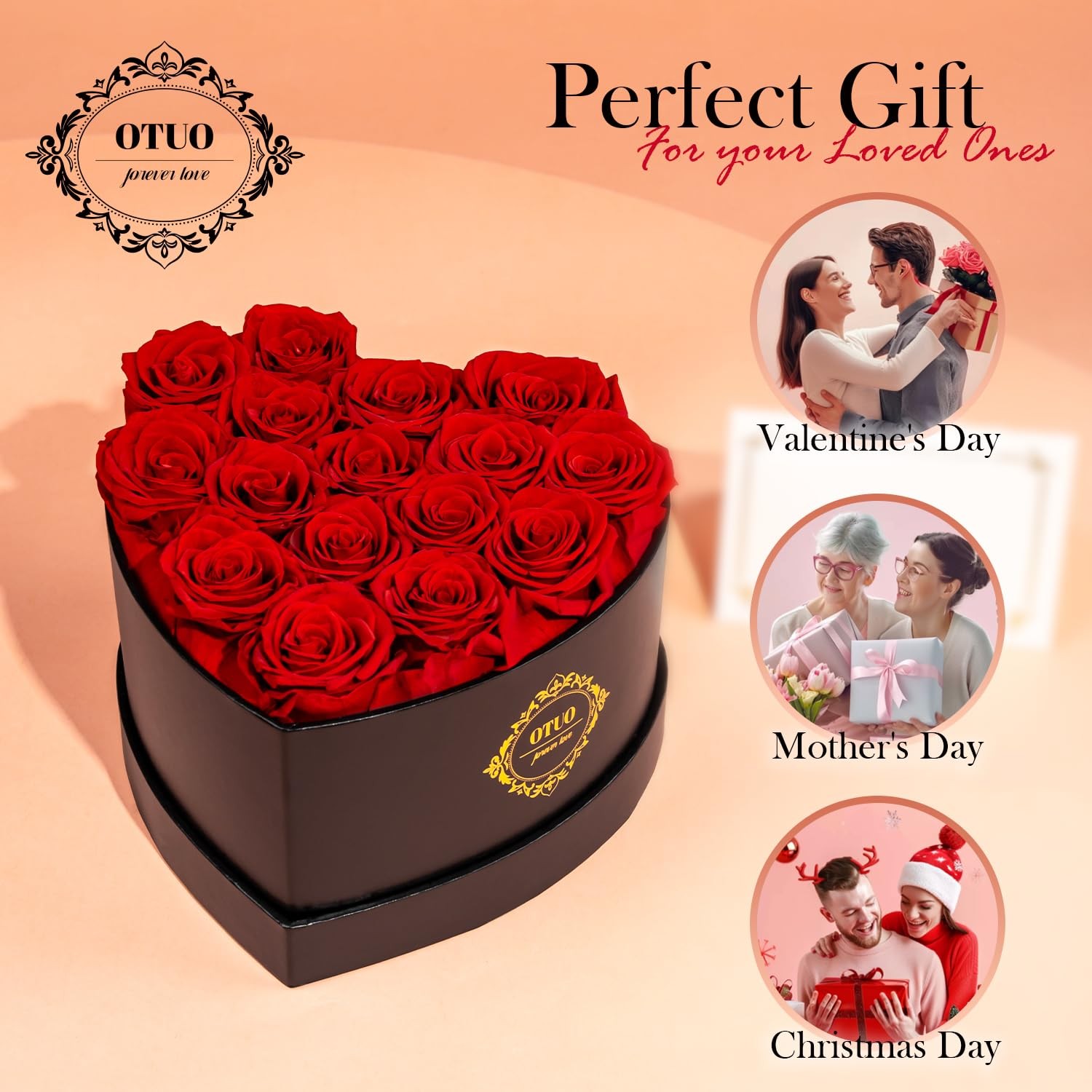 Otuo 16 Preserved Roses in Heart-Shaped Box, Flowers for 16 Roses, Red