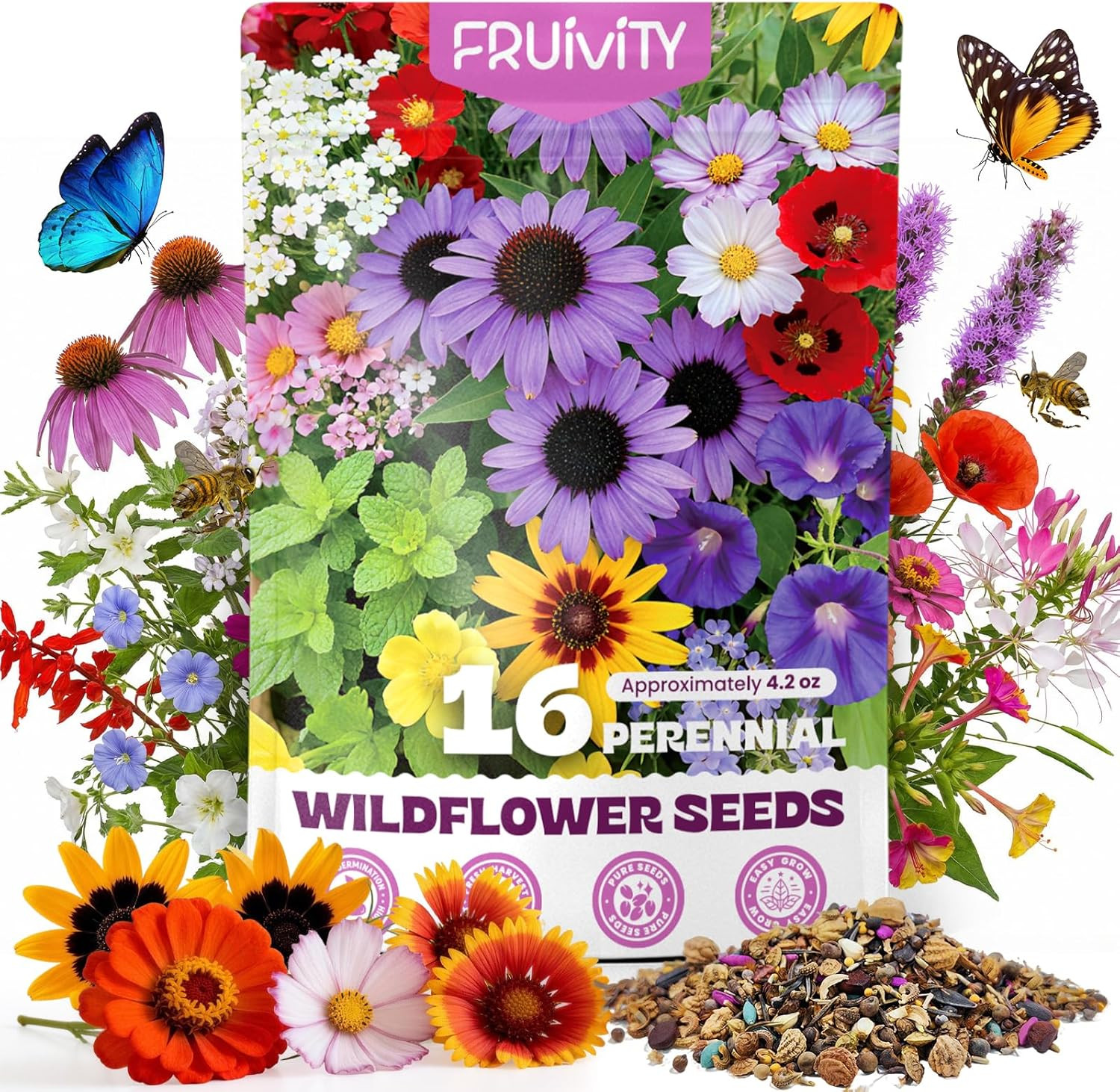 200,000+ Wildflower Seeds Bulk (4Oz) – 16 Varieties Perennial & Annual Mix, Attr