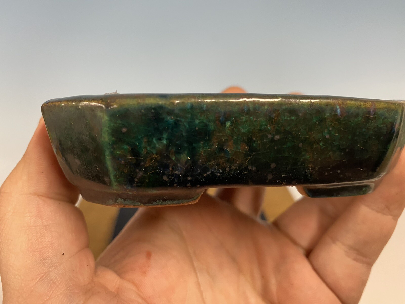 Green And Blue Glazed Shohin Size Tokoname Bonsai Tree Pot Made Koyo 4 3/8”