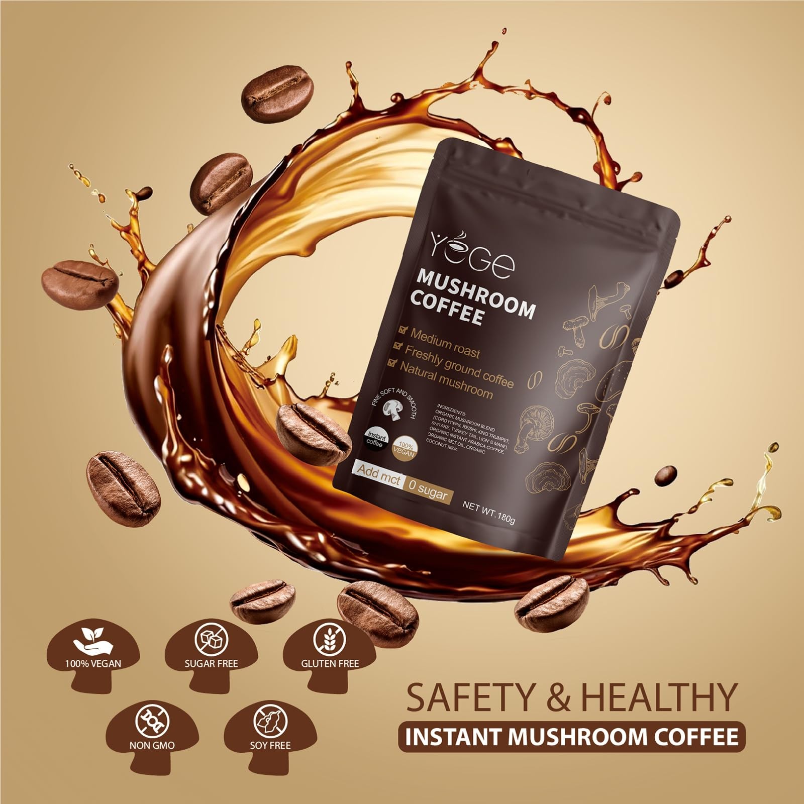 Mushroom Coffee, Instant Coffee with Cordyceps, Reishi, King black