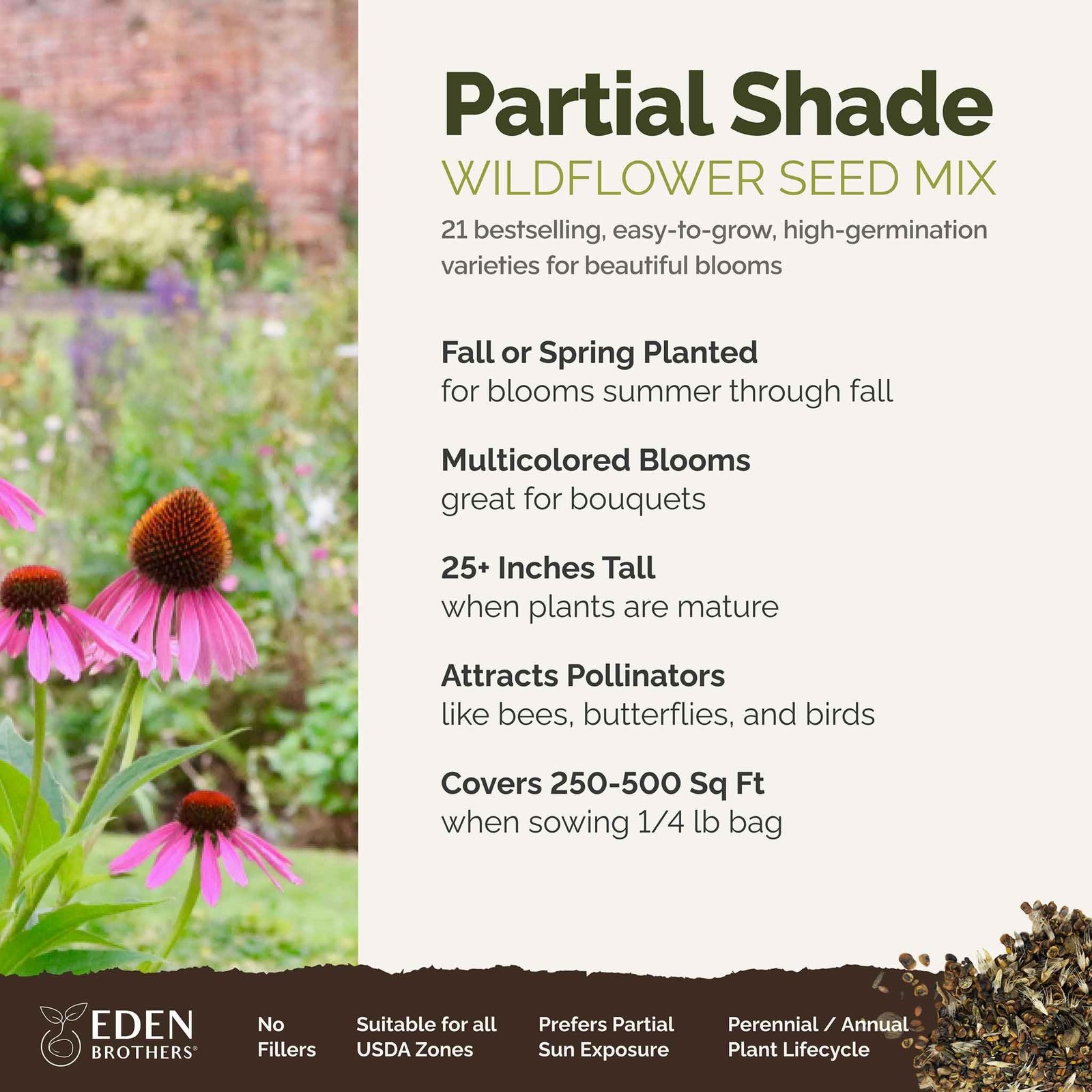 Partial Shade Wildflower Mixed Seeds for Planting, 1/4 lb, 120,000+ Seeds wit…