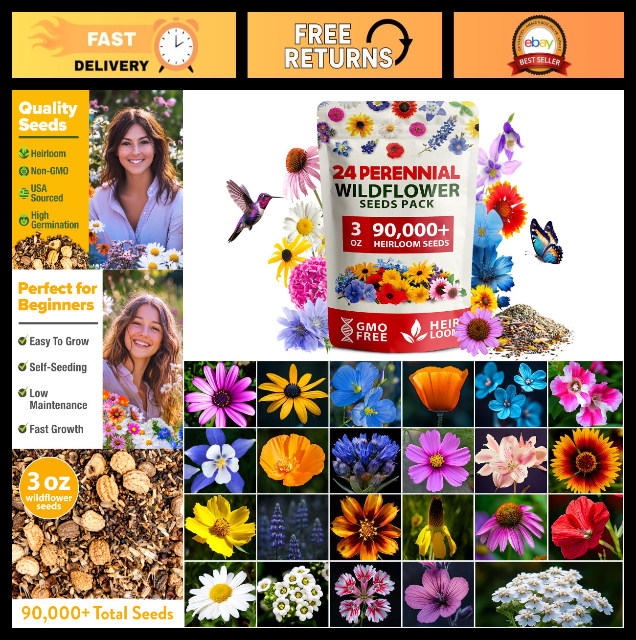 Wildflower Seeds Bulk Mix – 90,000+ Non-GMO Perennial Flower Seeds for Garden |