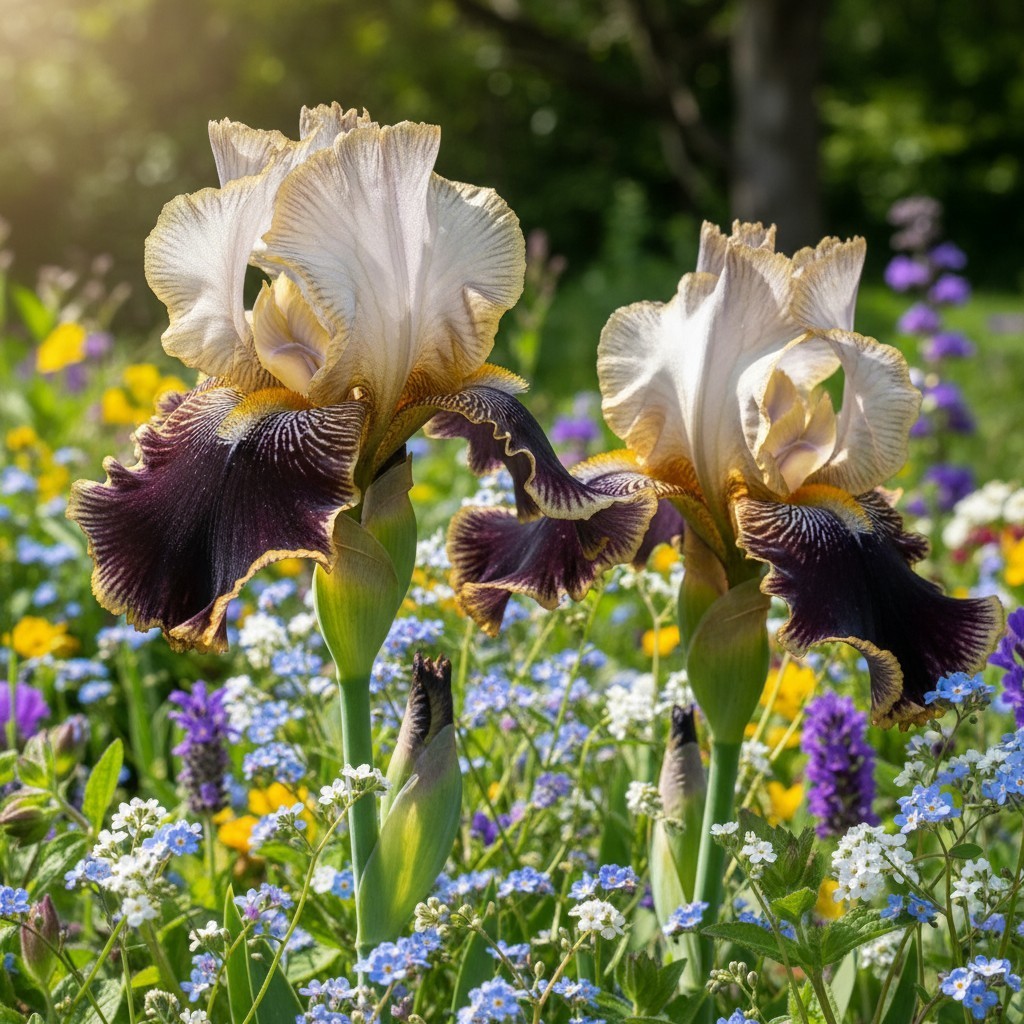 50 Golden-Edged Bearded Iris Seeds – Black & White Ruffled Blooms
