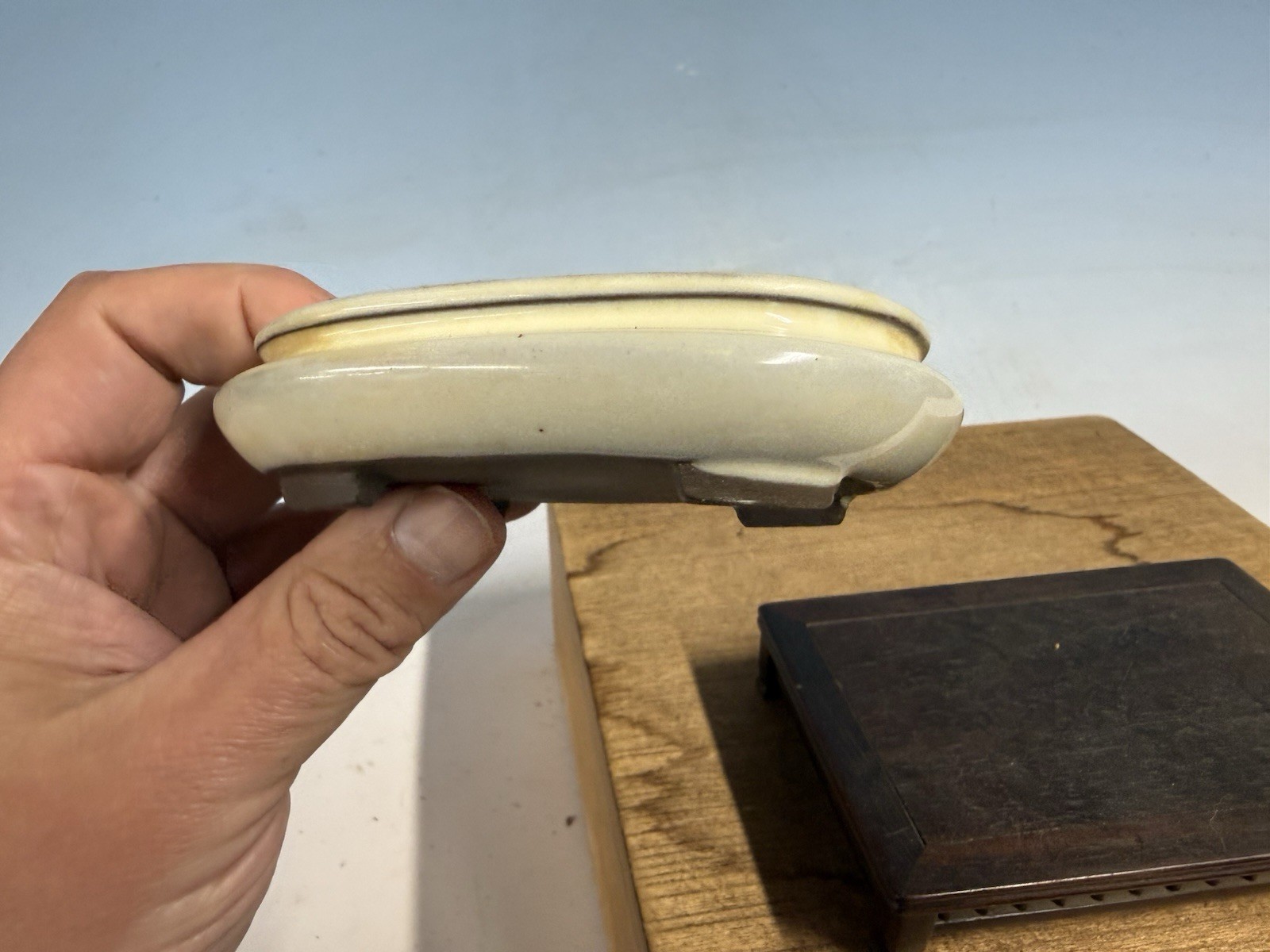 Japanese Unknown Maker Shohin Bonsai Tree Pot 4 1/8” Cream Bag Style