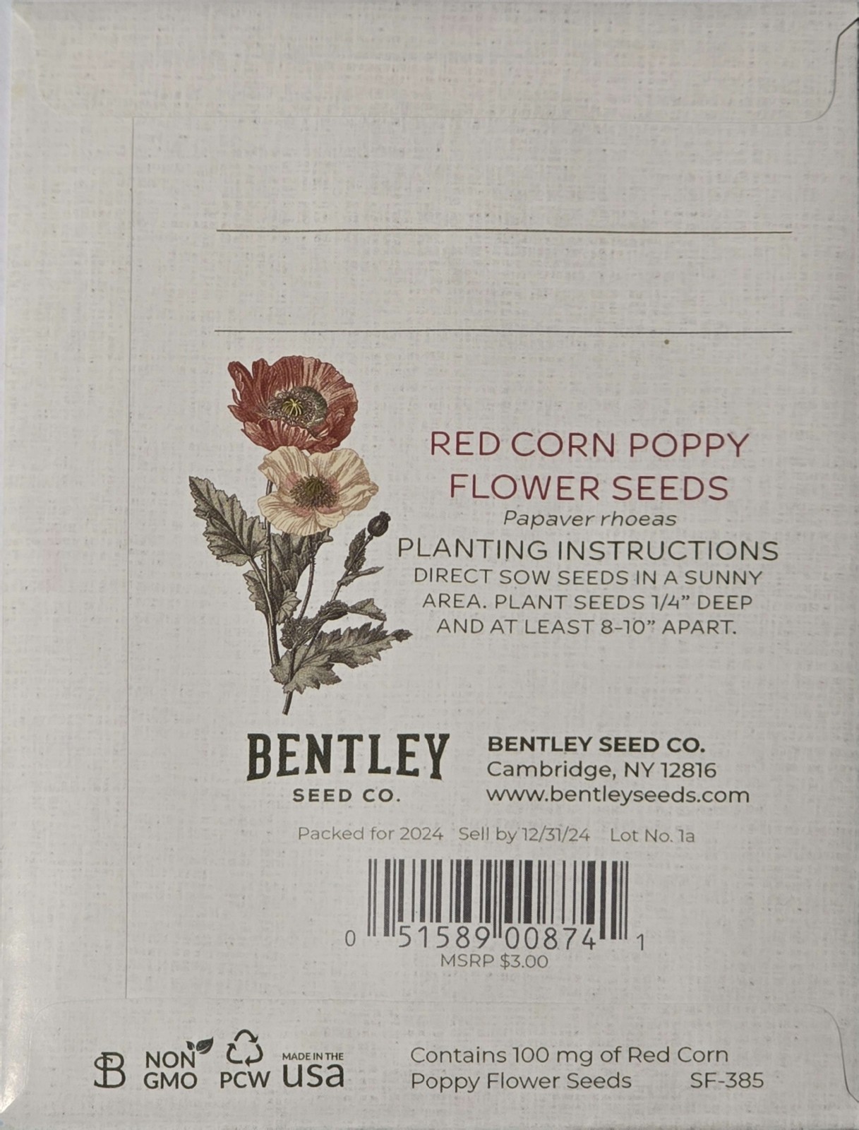 Bentley Seed Co. Red Corn Poppy Flower Seeds, Papaver rhoeas100 mg