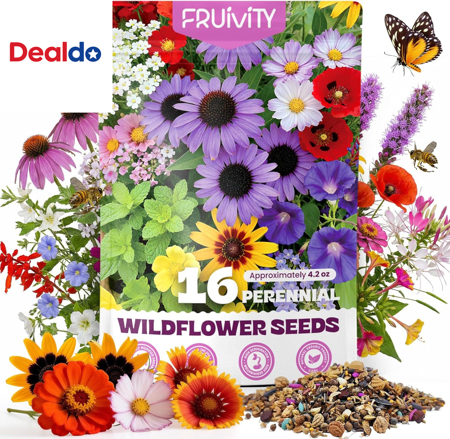 200,000+ Wildflower Seeds Bulk (4Oz) – 16 Varieties Perennial & Annual Mix, Non-