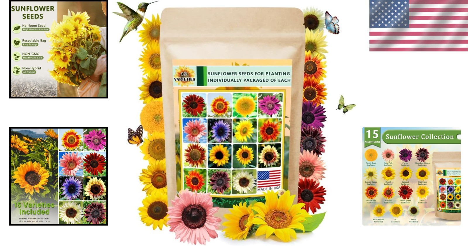 Vibrant 1000+ Heirloom Sunflower Seeds – Attract Pollinators with 15 Mix Packs