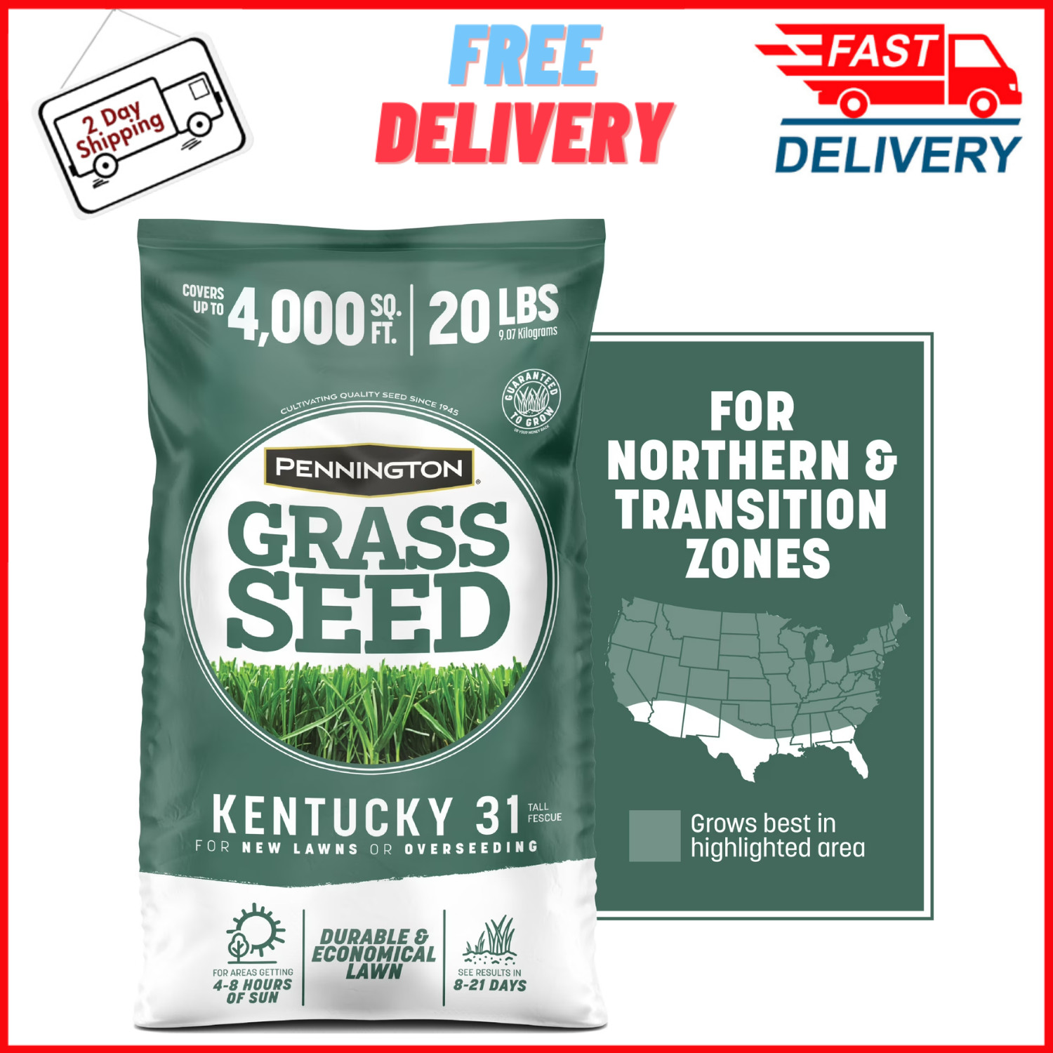 Pennington Kentucky 31 Tall Fescue Grass Seed Sun to Partial Shade 20 lb Bag New