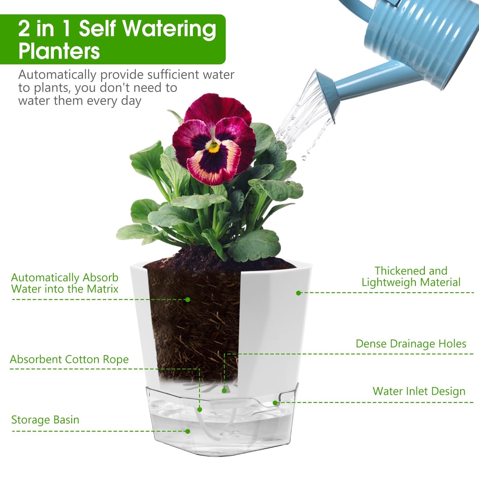 6 Pack Self Watering Plant Pot, 6.6/5 Inch Plastic Self Watering Pots for Ind…