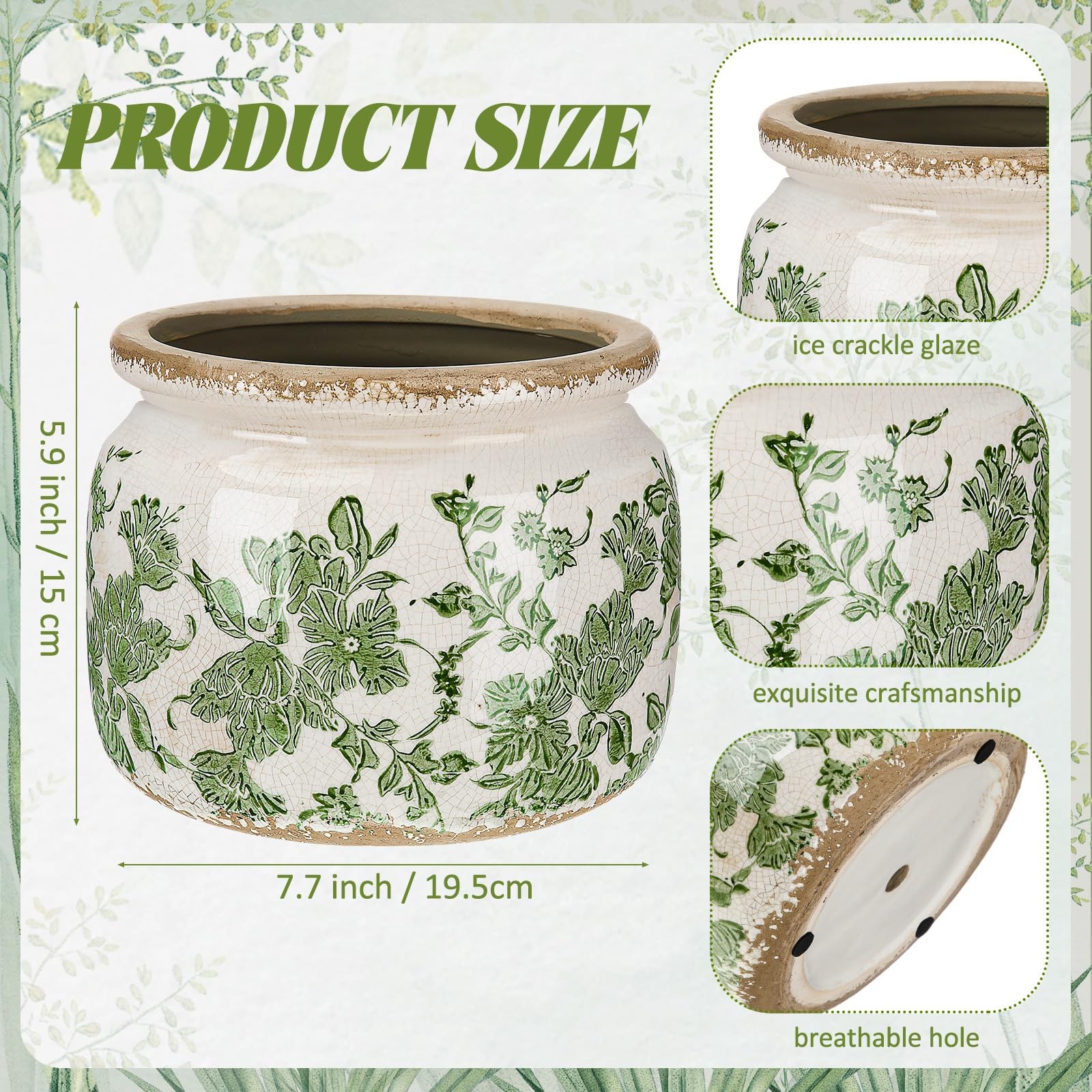 Ninehaoou 7.7″ Large Ceramic Plant Pot Beige Green Vintage Floral Crackle Glaze