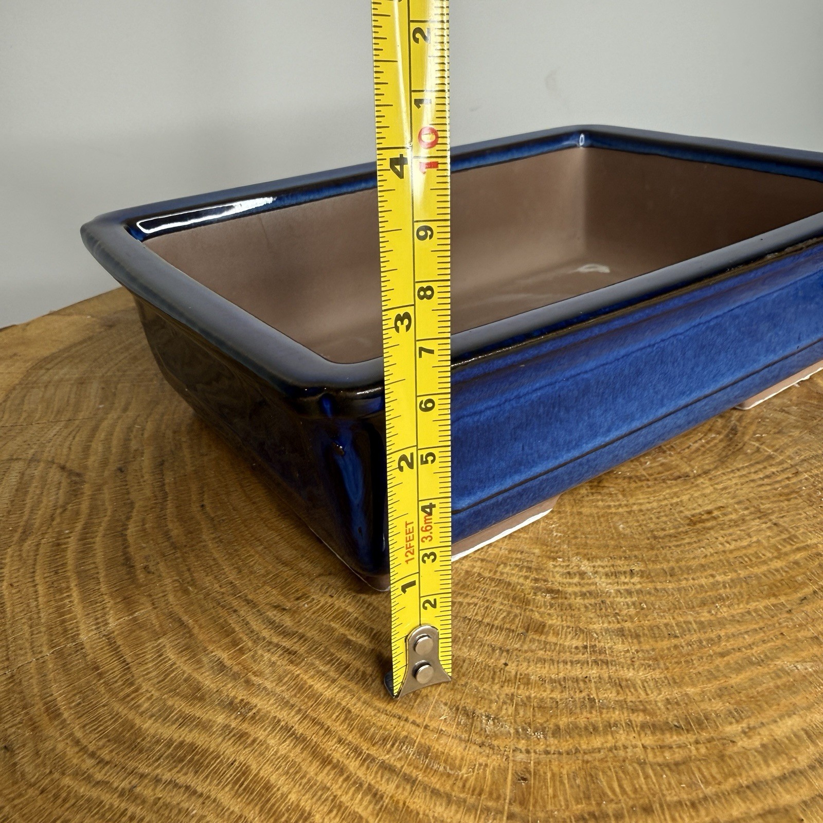 Blue Glazed Japanese Chop Rectangle Bonsai Pot With Windows & Dented Corners