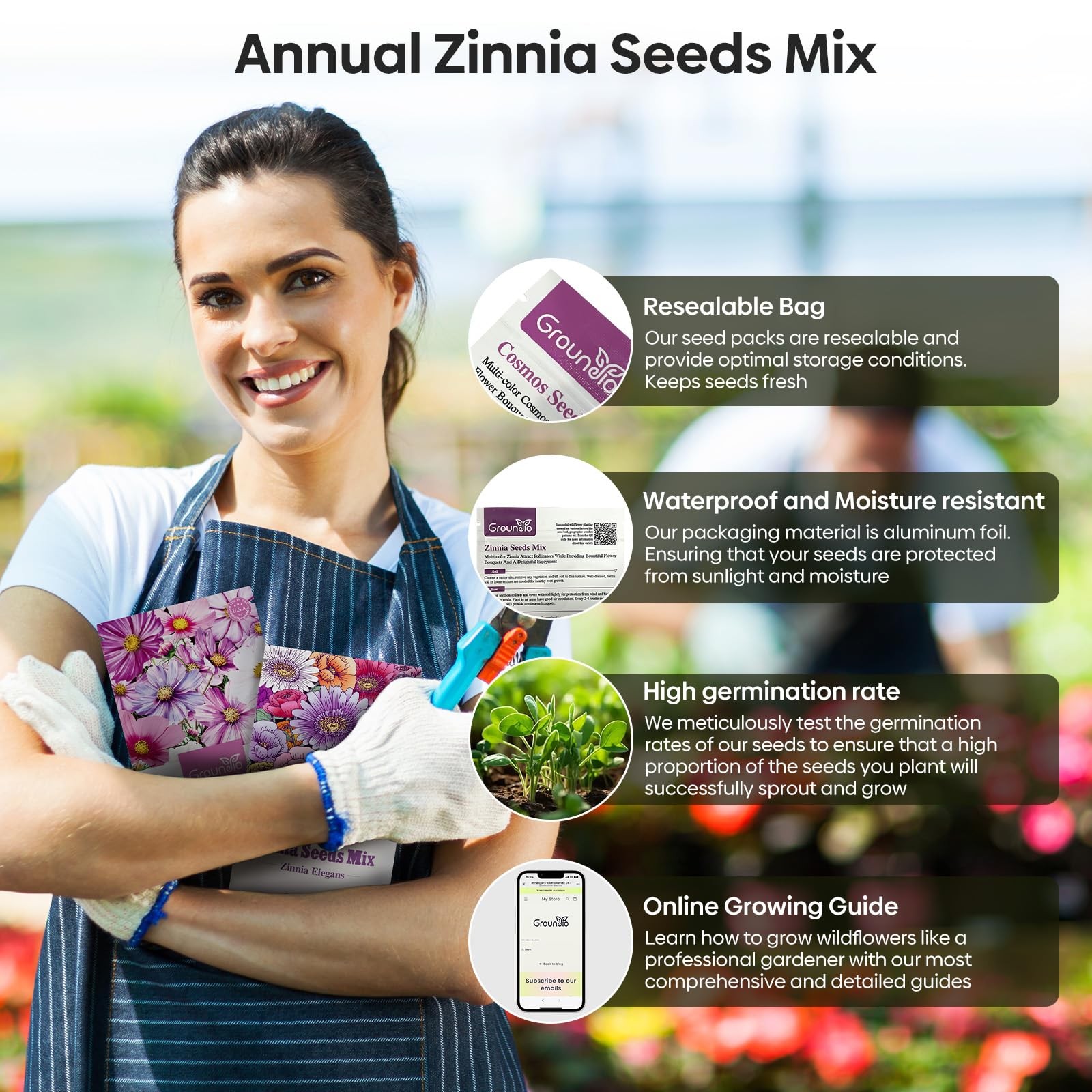 Groundio Zinnia Seeds Mix, 1 Oz, Over 3,000 Flowers 1 OZ, 5 Varieties