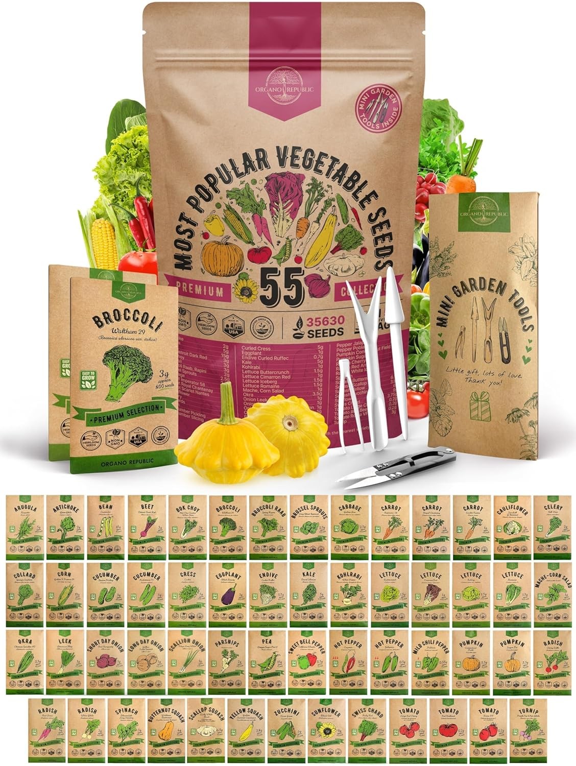 55 Vegetable Seeds Variety Pack – 35,600+ Non-GMO Green, Red, Purple, Yellow