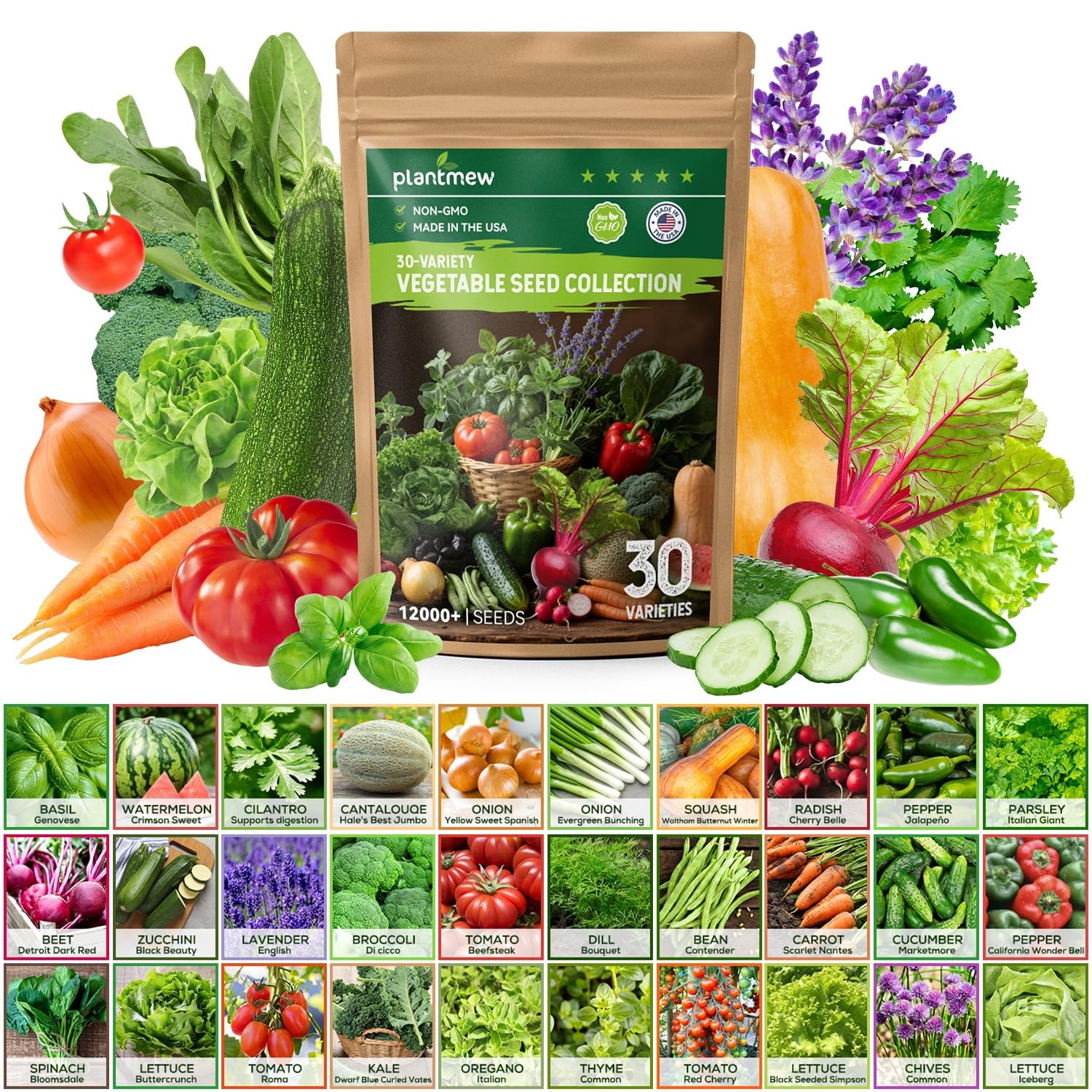 PLANTMEW 30 Heirloom Vegetable Seeds for Planting, 12,000+ Garden 30-Pack