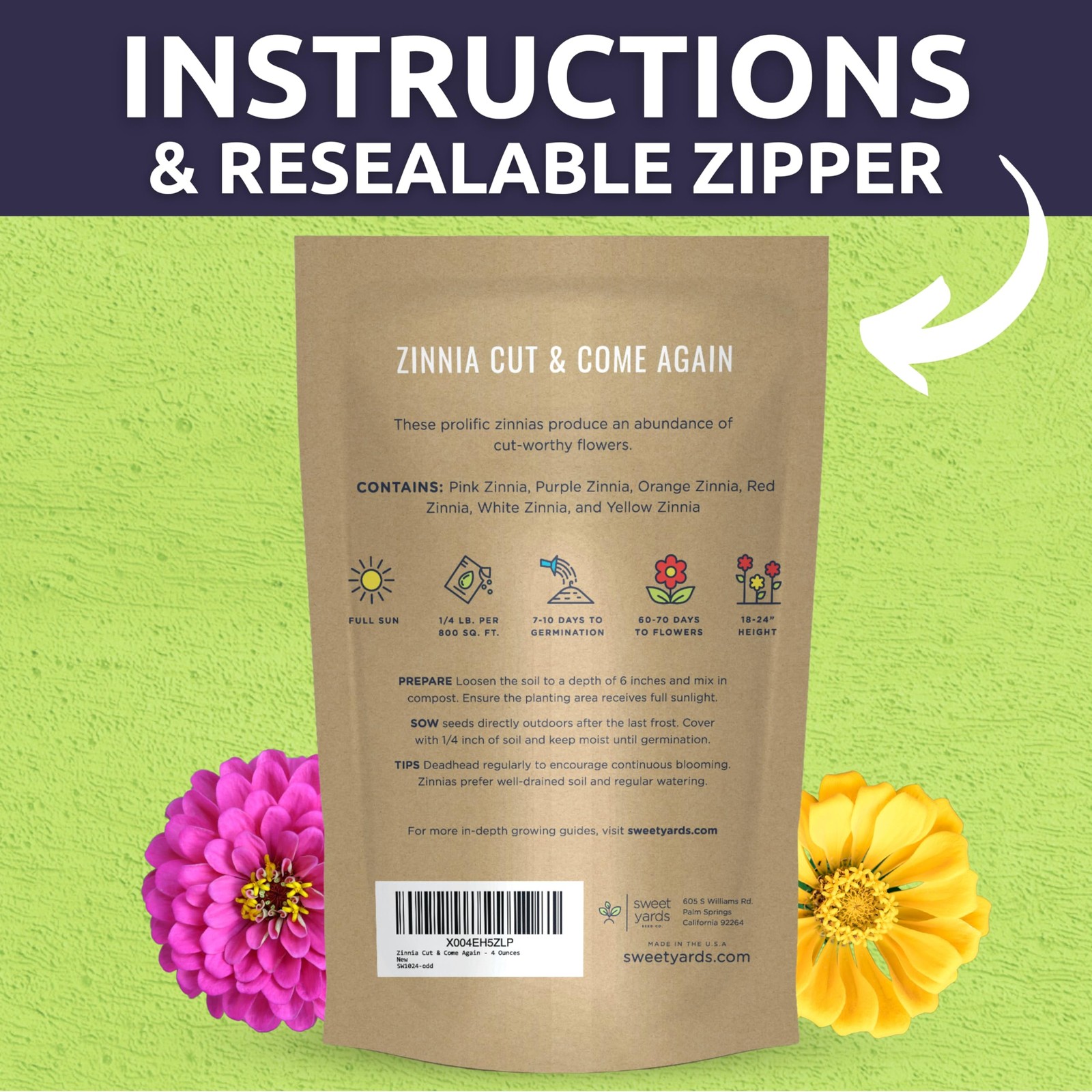 Zinnia Cut & Come Again Mix – Bulk 1/4 Pound Pouch – 15,000 Flower Seeds for …