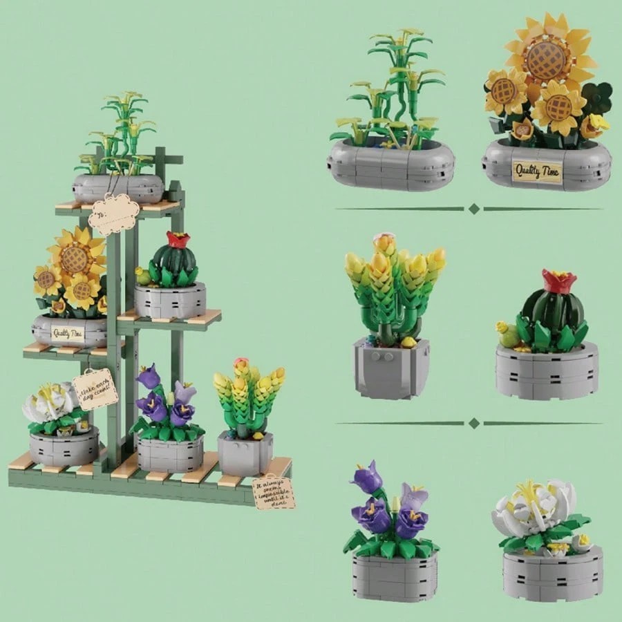 Succulent Potted Plant Building Blocks Set with Display Stand 873pcs DIY Model