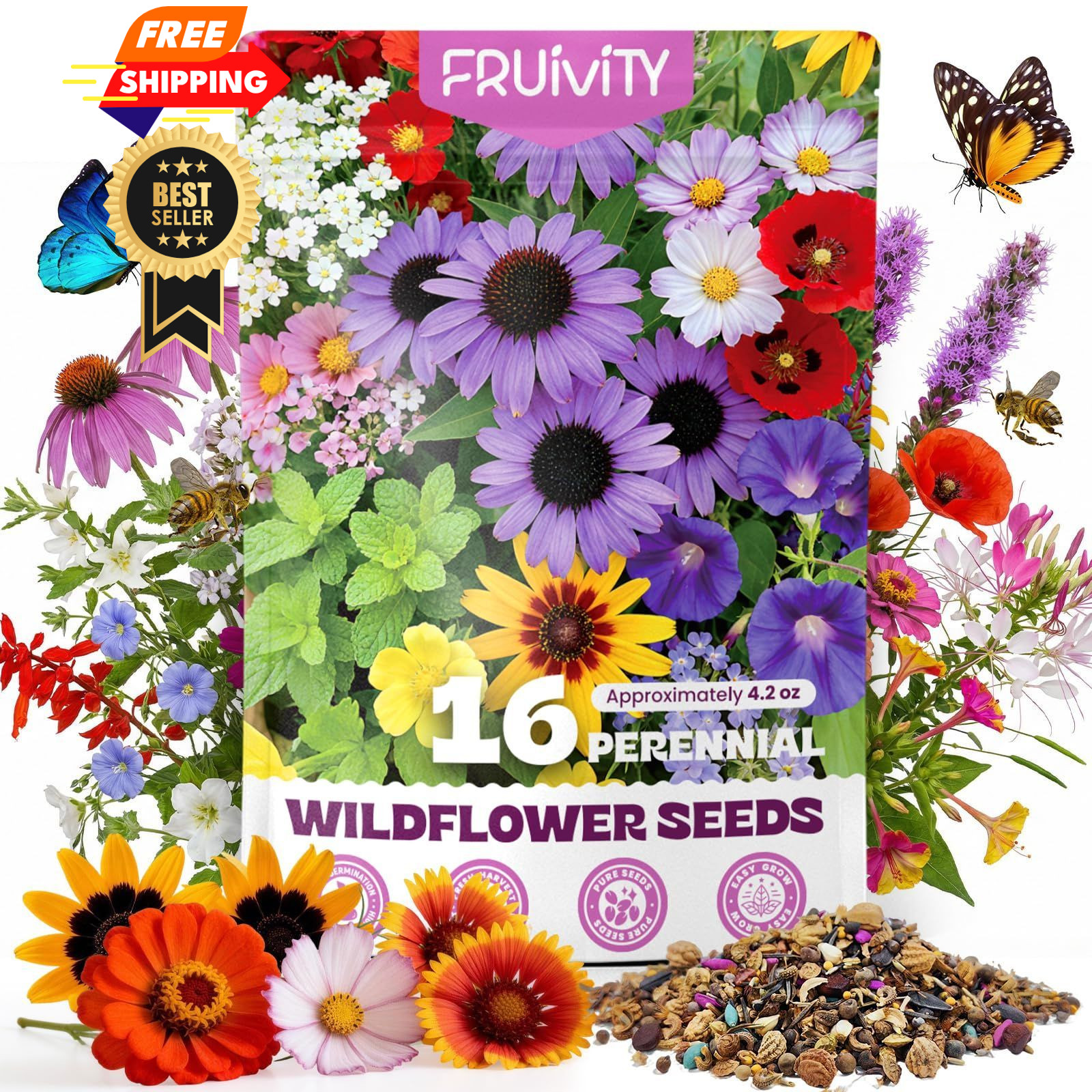 200,000+ Wildflower Seeds Bulk (4oz) – 16 16 Variety Perennial Mix, Colorful
