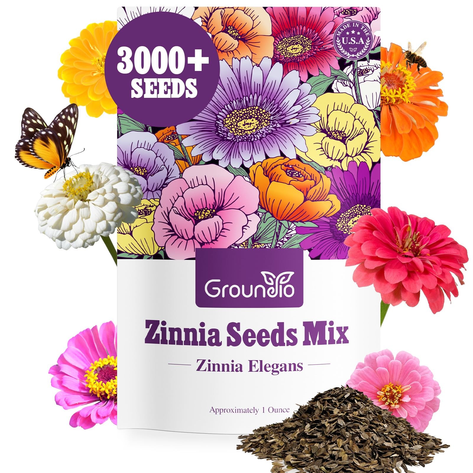 Groundio Zinnia Seeds Mix, 1 Oz, Over 3,000 Flowers 1 OZ, 5 Varieties