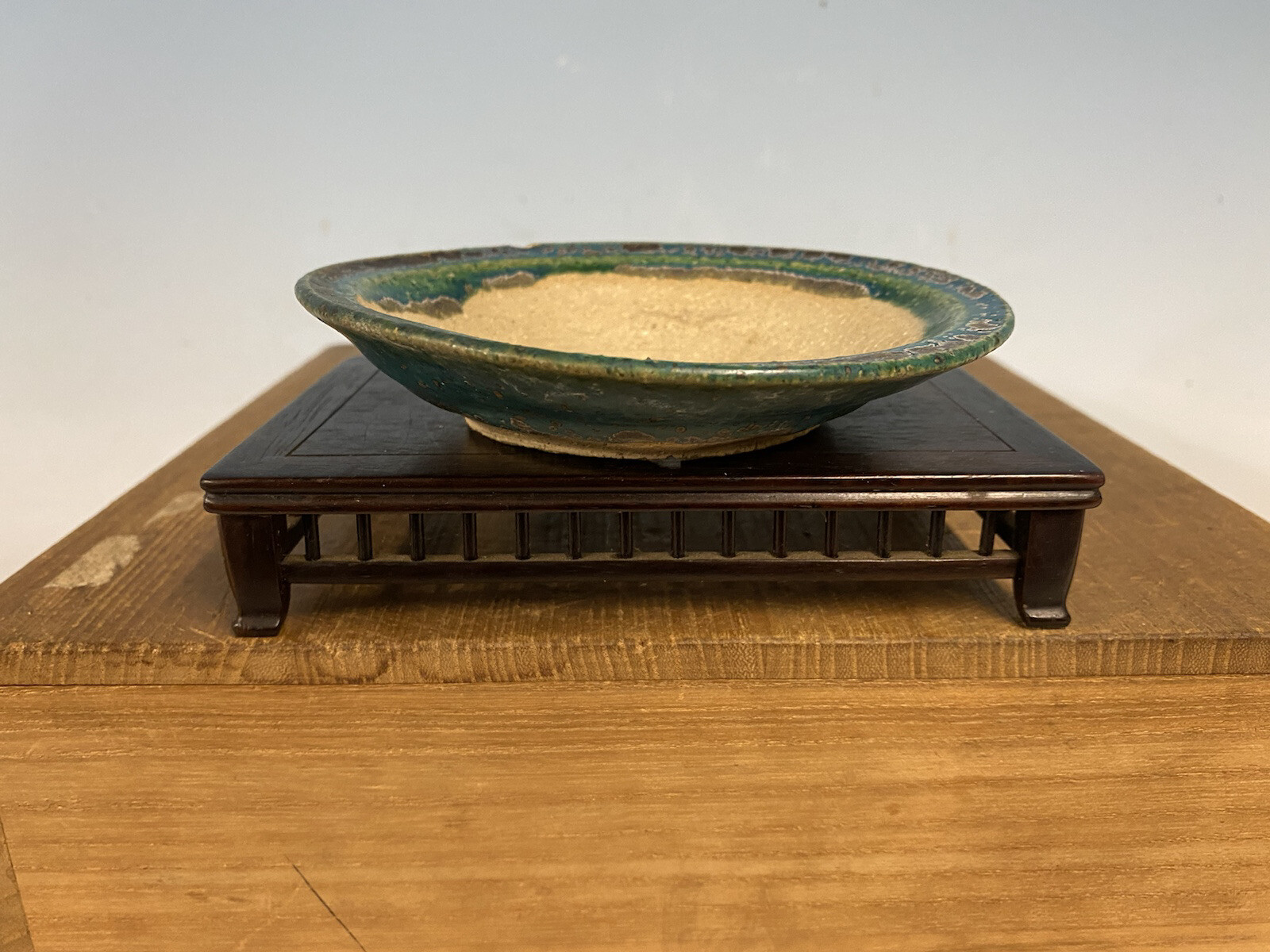 Blue Green Glazed Shohin Size Tokoname Bonsai Tree Pot Koyo 5 1/8 By 1 1/16”