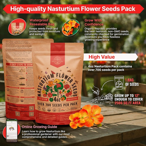 Nasturtium Seeds Pack 4 oz – Over 700 Non-GMO 4oz, Orange, Yellow, Red, Green