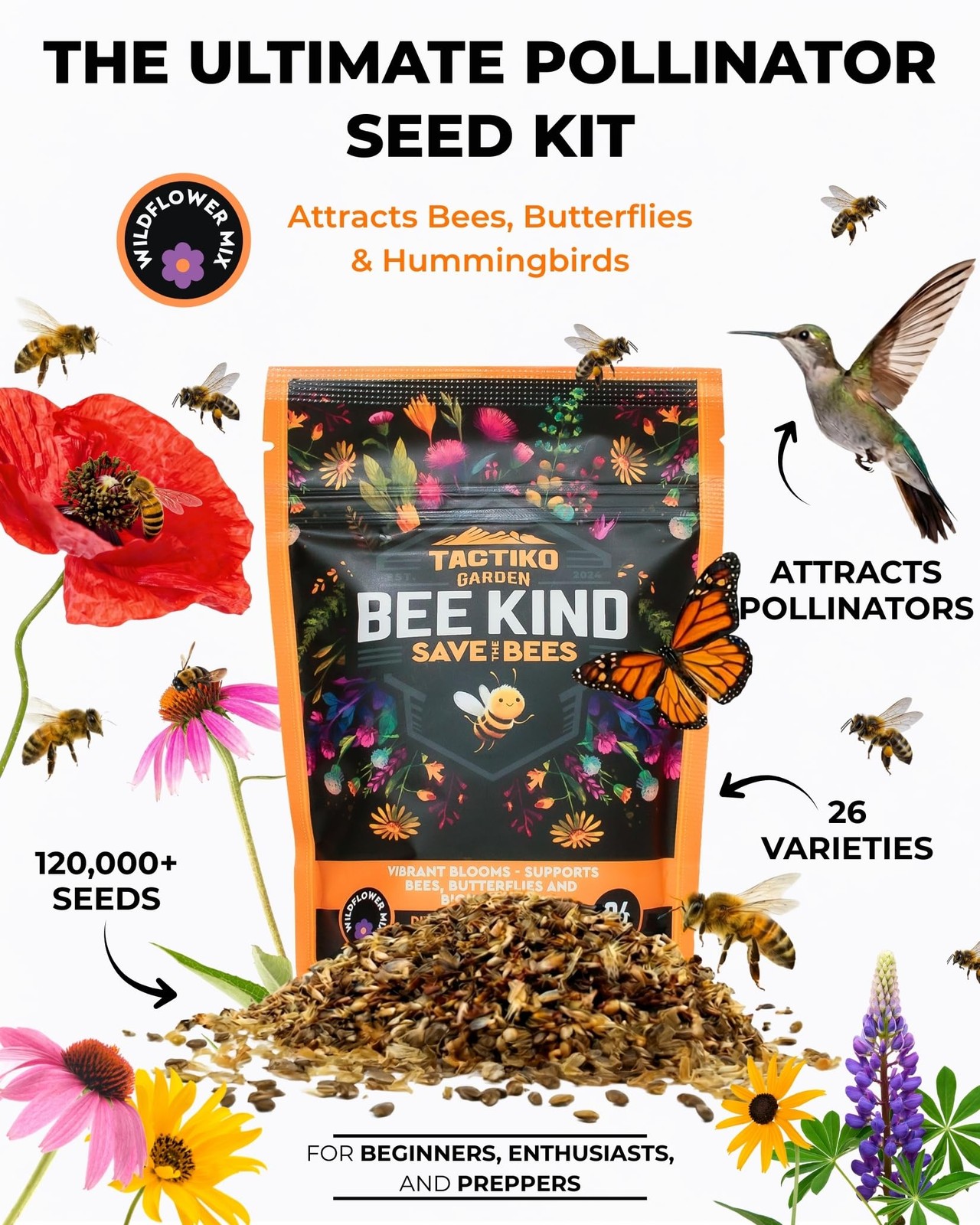 Tactiko Garden 26 Wildflower Seeds Mix, 120,000+ 4 oz Save The Bees Yellow