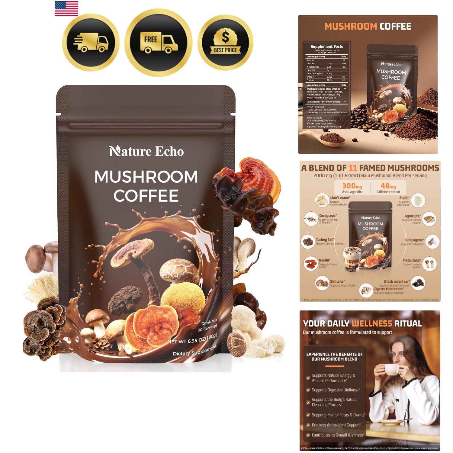 Mushroom Coffee 11 in 1 Mushrooms with Ashwagandha, Lion’s Mane, Reishi, Cord…