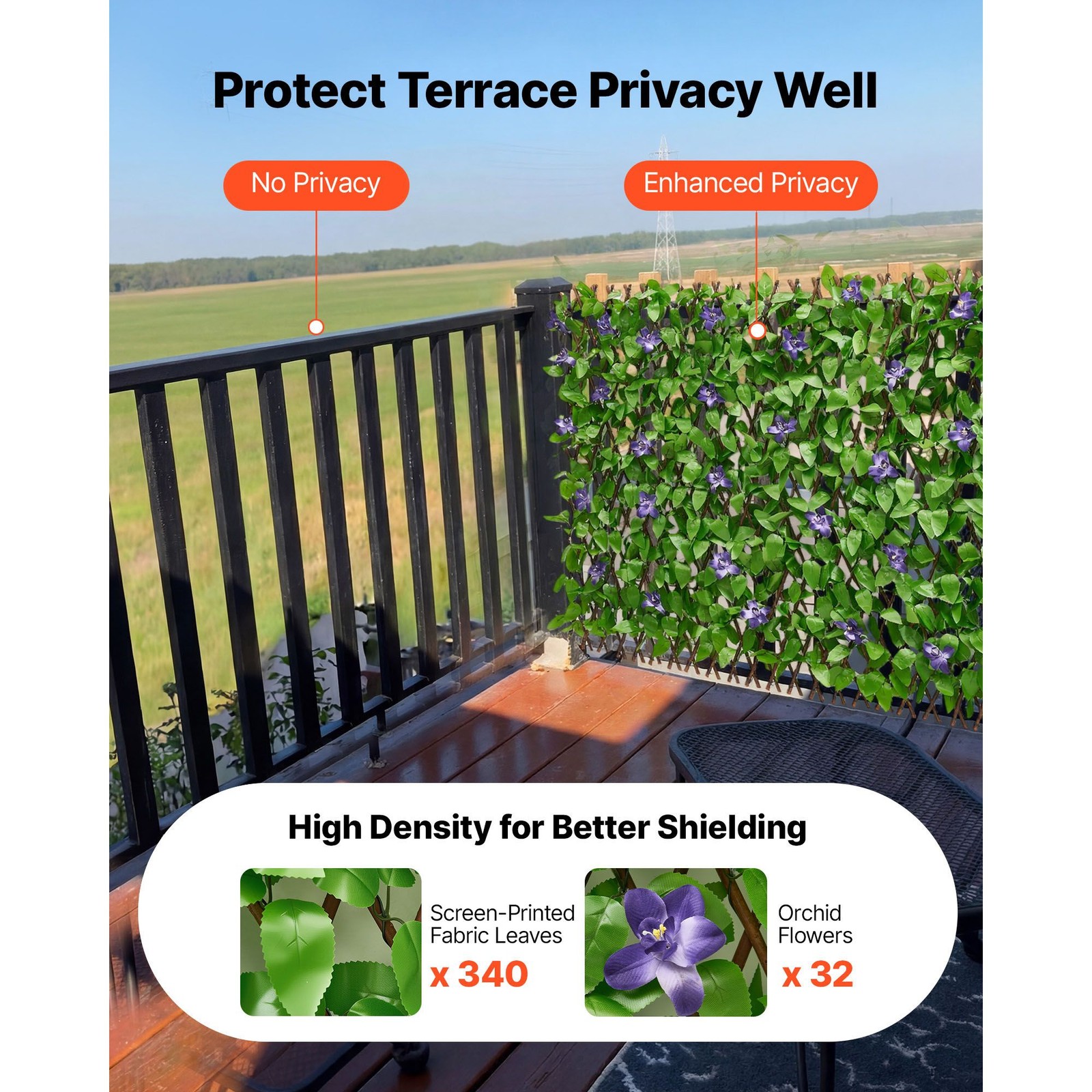 Expandable Artificial Ivy Privacy Screen with Zip Ties for Patio
