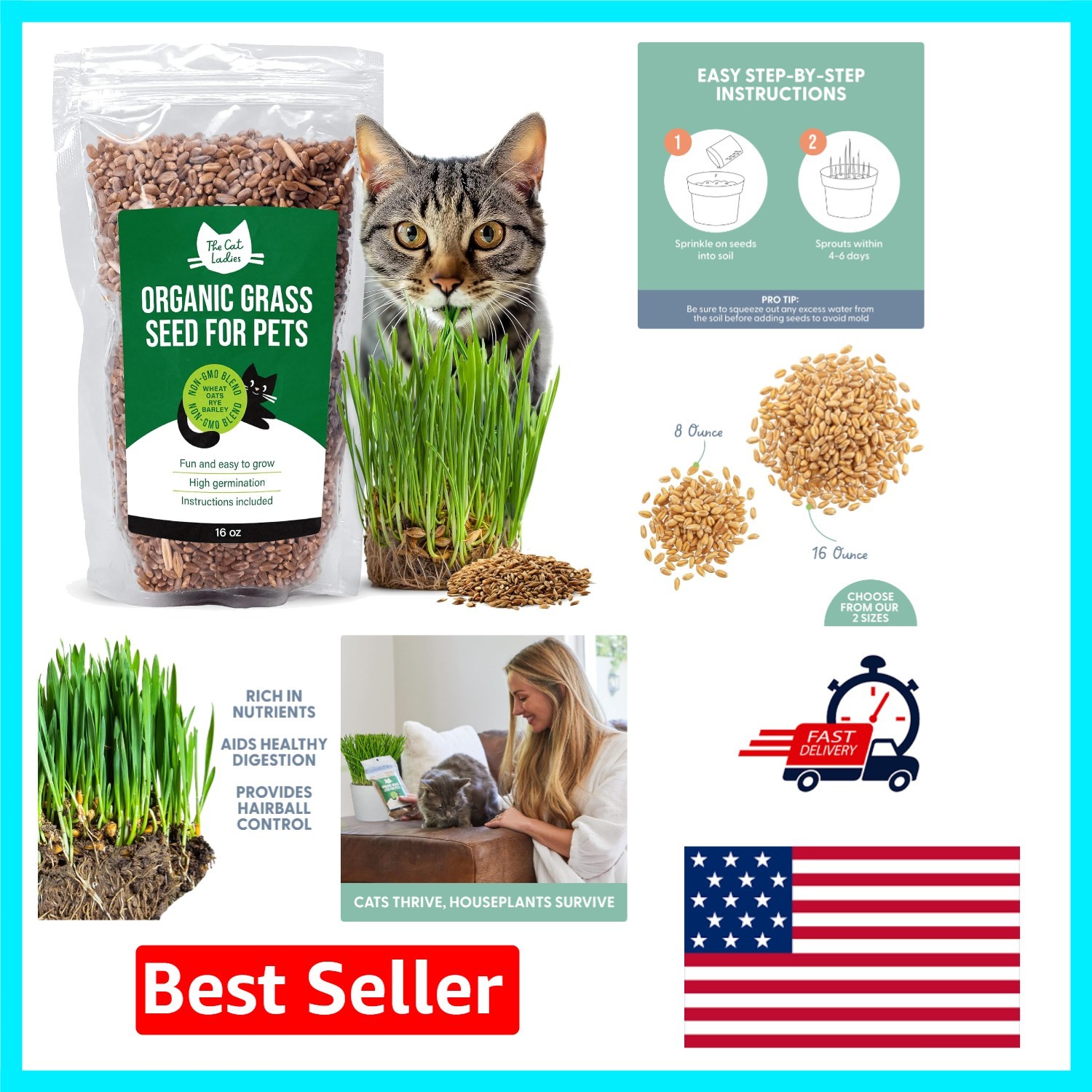 16oz Organic Pet Grass – Fast-Growing Non-GMO Wheat Seeds for Indoor/Outdoor