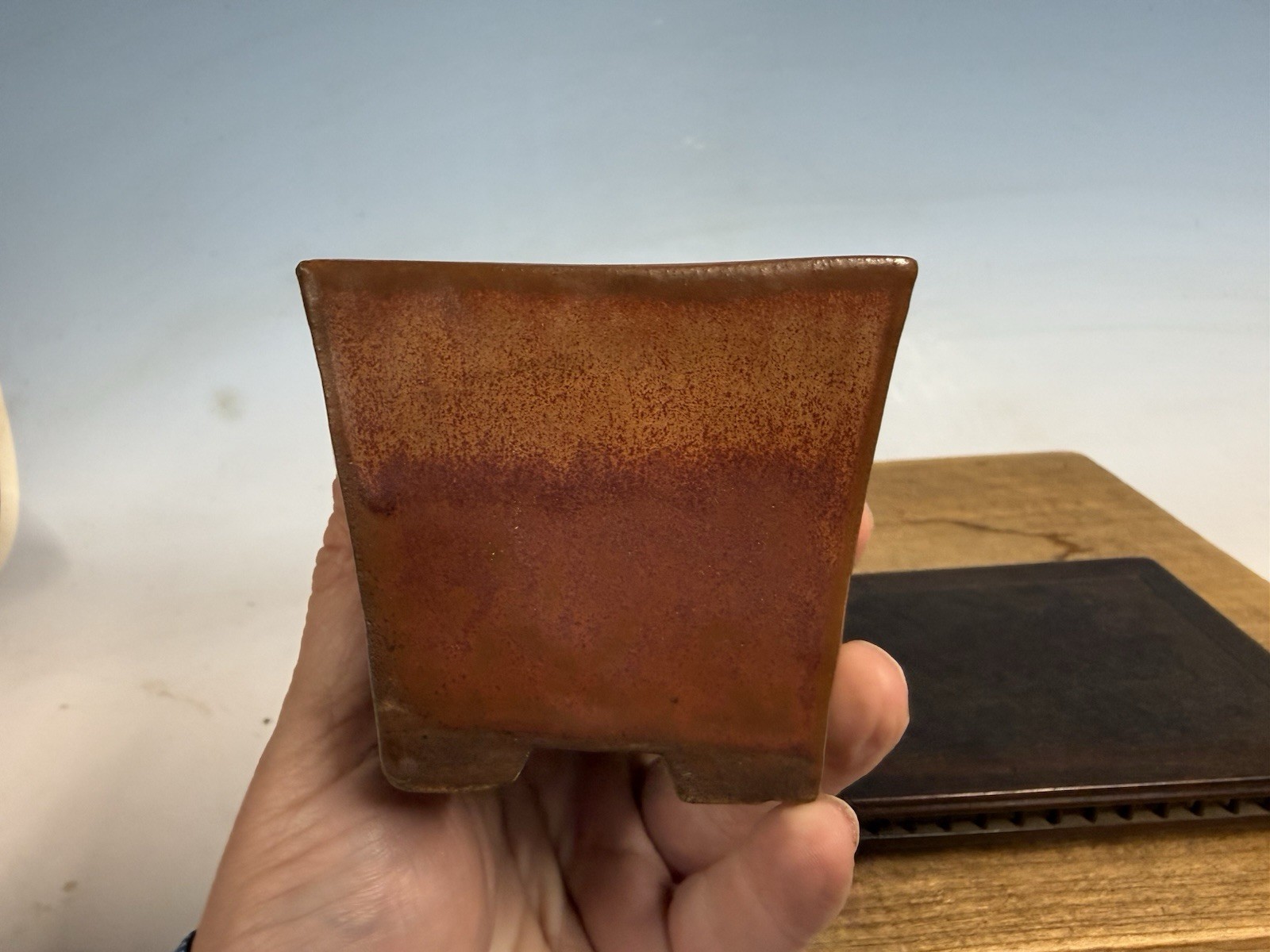 Japanese Unknown Maker Shohin Sized Bonsai Tree Pot 3 1/4 By 3” Red Glazed Semi