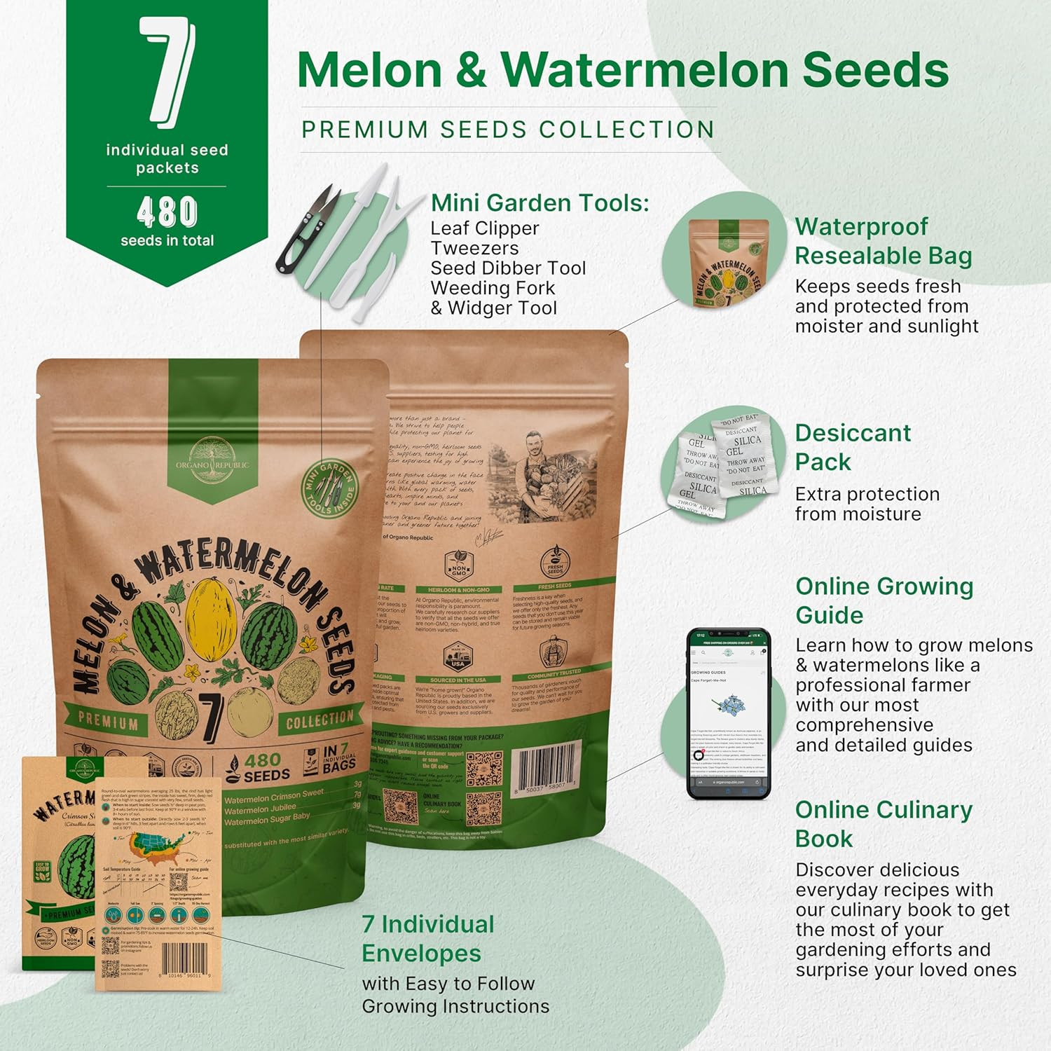Melon & Watermelon Seeds Pack – 480+ Non-GMO Heirloom Fruit Garden Variety