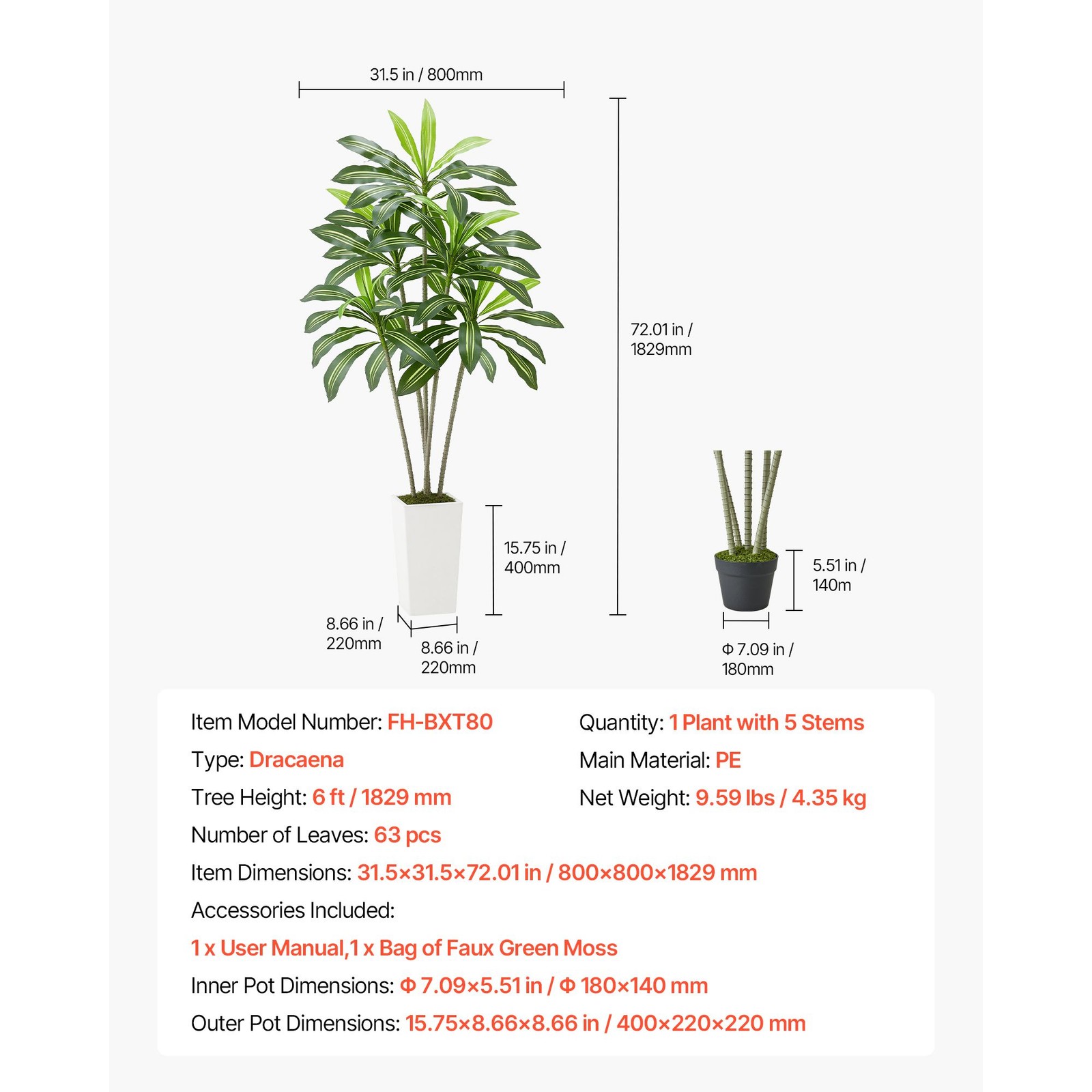6ft Artificial Dracaena Tree, Faux Palm in White Planter, Indoor Outdoor Floor