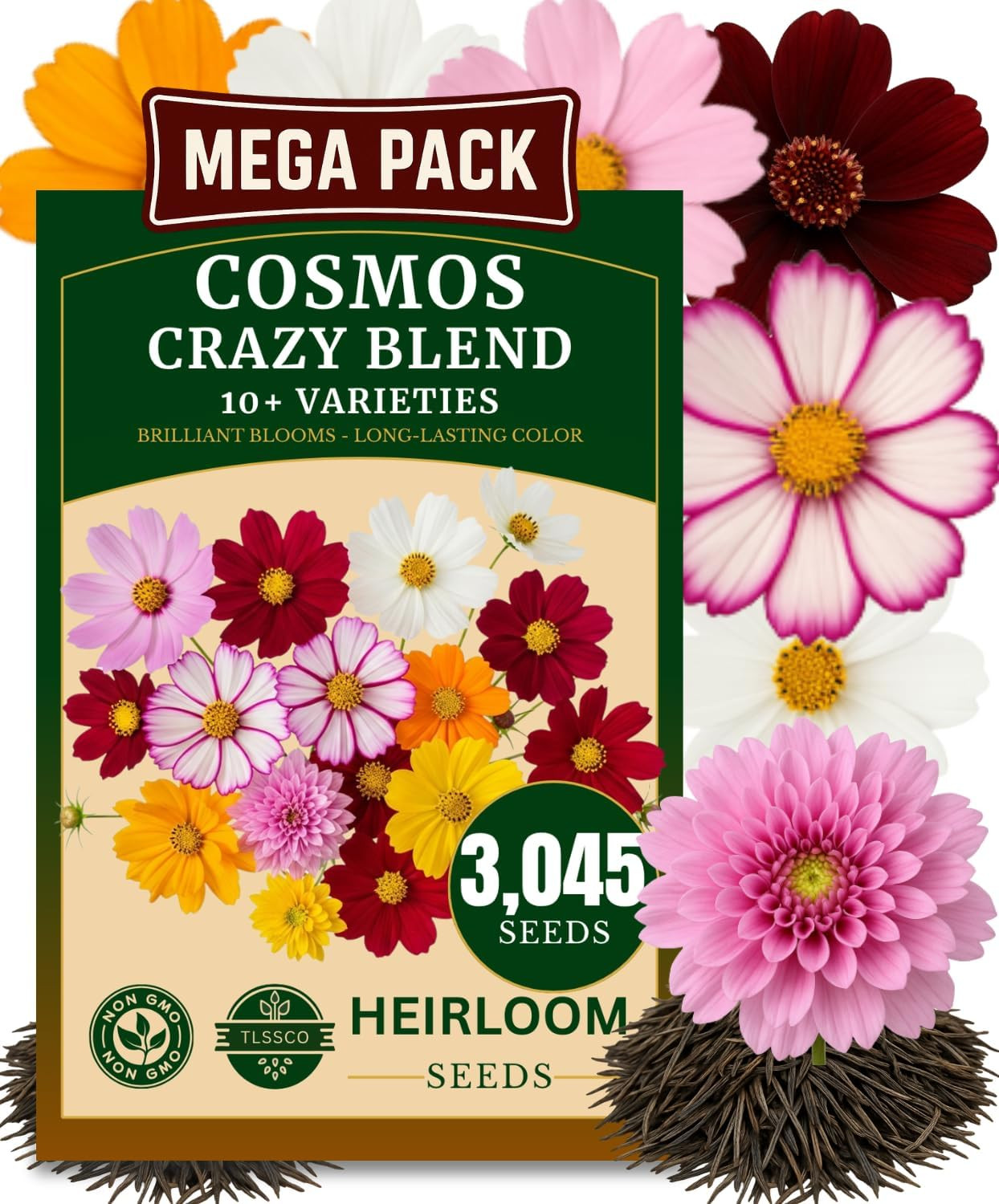 3045+ Crazy Blend Cosmos Seeds, Pack for 2026 Non-Gmo Flower Seeds – 10+ Varieti