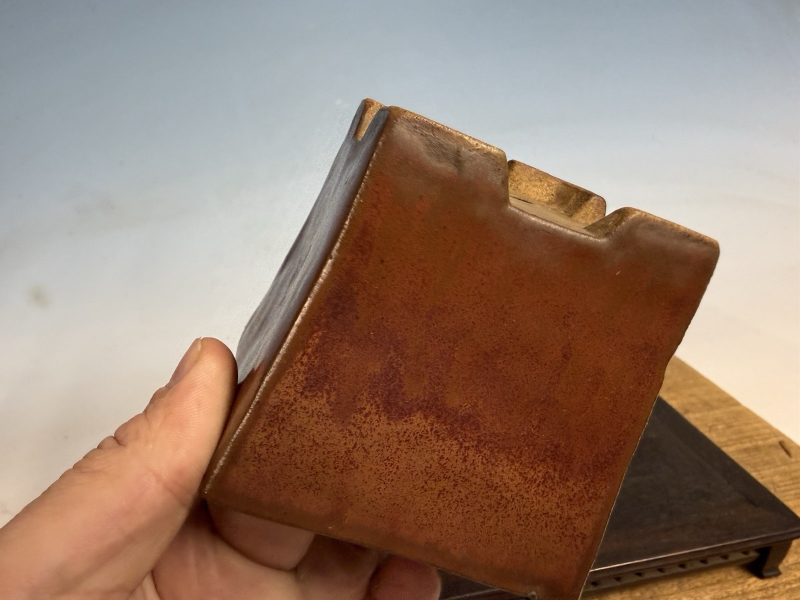 Japanese Unknown Maker Shohin Sized Bonsai Tree Pot 3 1/4 By 3” Red Glazed Semi