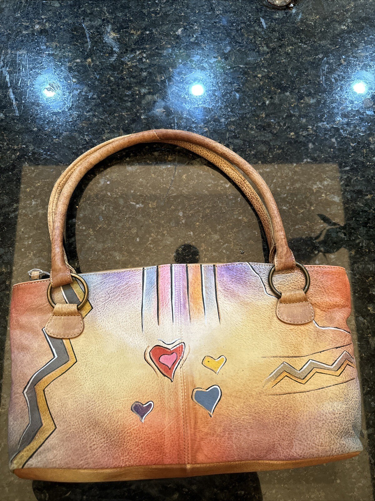 Leather purse with hand painted cow boy and hearts, beige, blue, one of a kind
