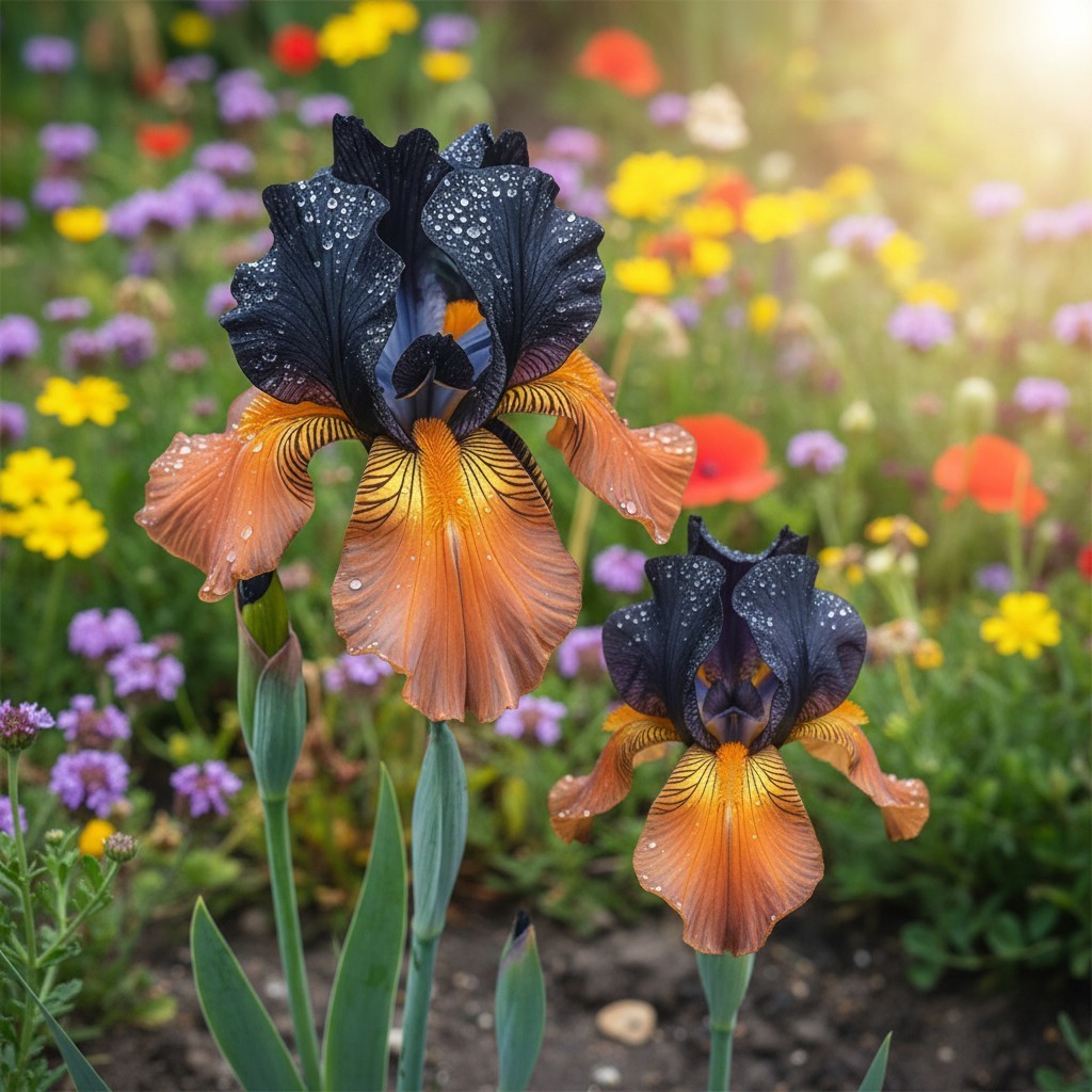 30 Sunset Midnight Bearded Iris Seeds – Orange & Deep Purple Ruffled Blooms