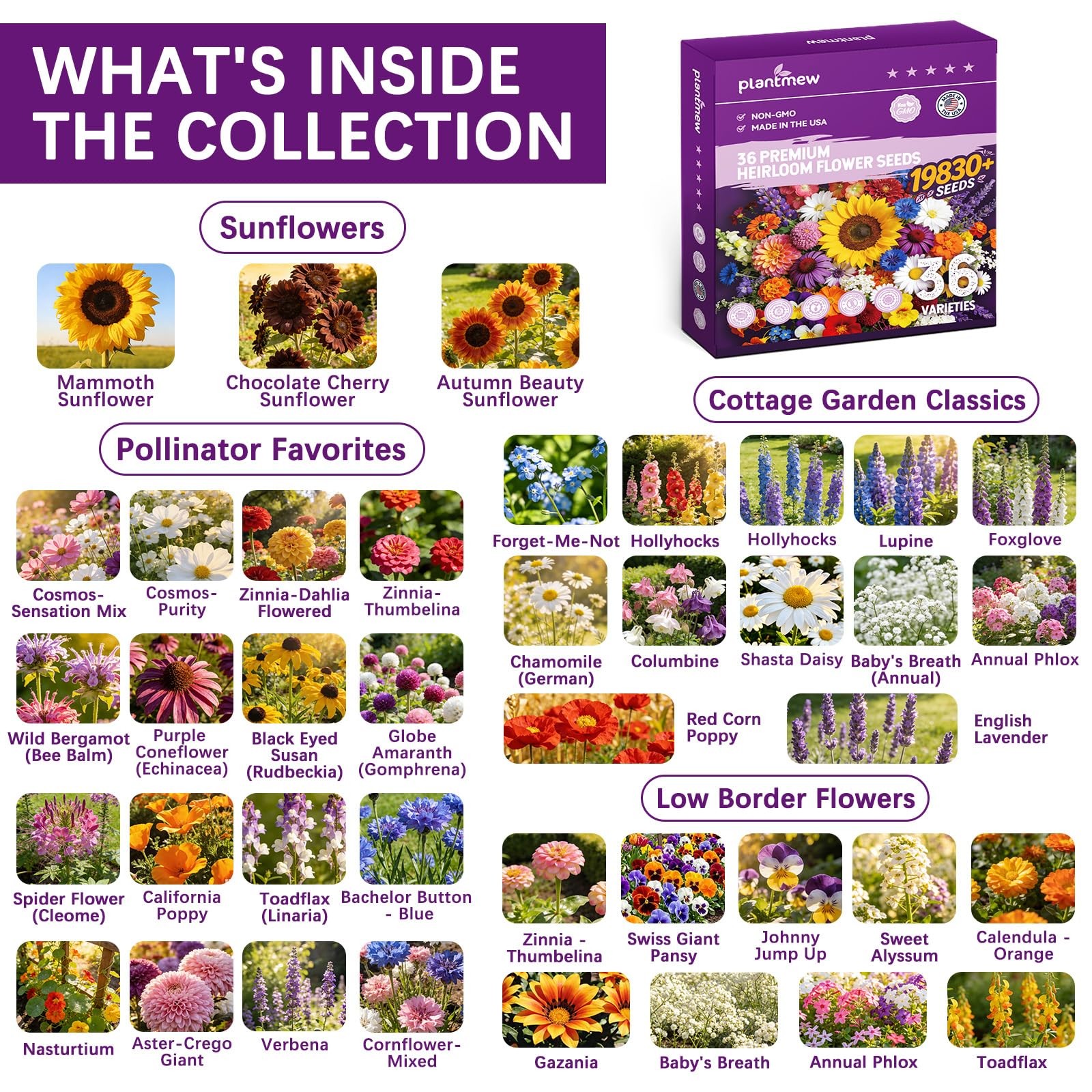 Wildflower Seeds Mix 1/2 lb, 19830+ Seeds Perennial& Annual 36 Varieties Flow…
