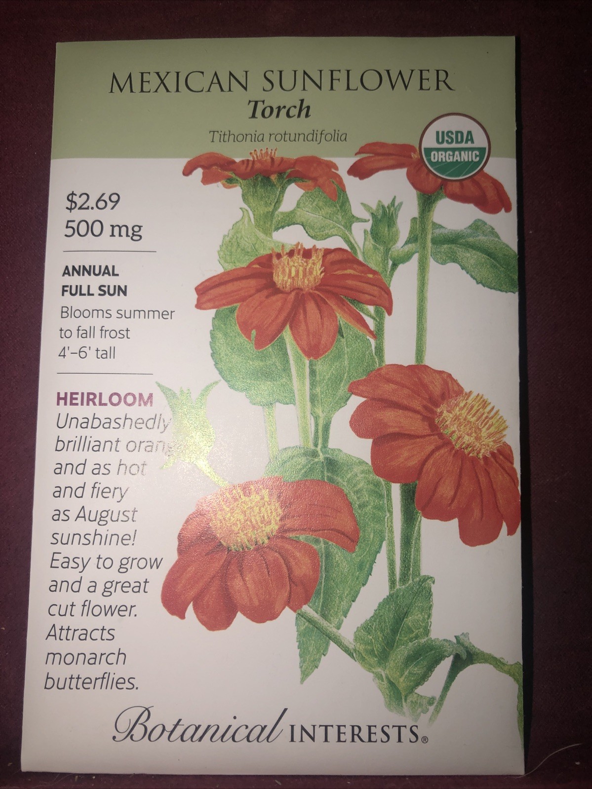 Mexican Sunflower Torch Heirloom Seeds Botanical Interests Exp. 12/2024