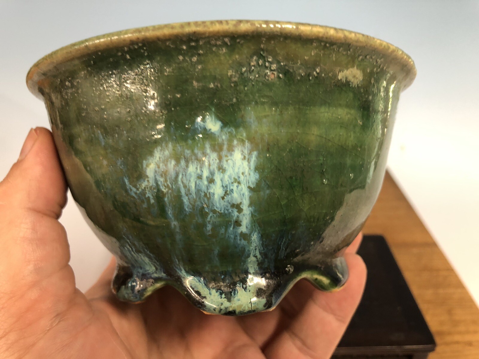 Green Blue Round Glazed Shohin Size Bonsai Tree Pot Fugushige Bushuan 5”